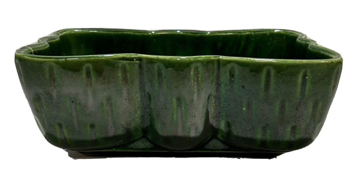Vintage MCM Glazed Pottery Bow Rectangle Pot Army Green Planter UPCO USA 106-8