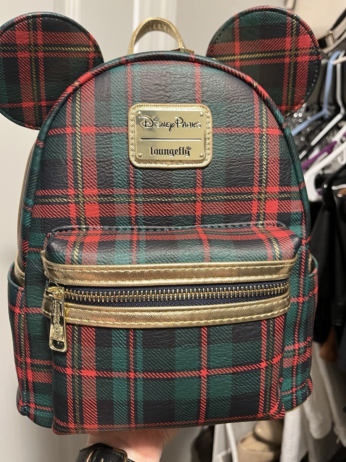 Loungefly Disney Mickey Mouse Plaid Mini Backpack Green Red Black Gold