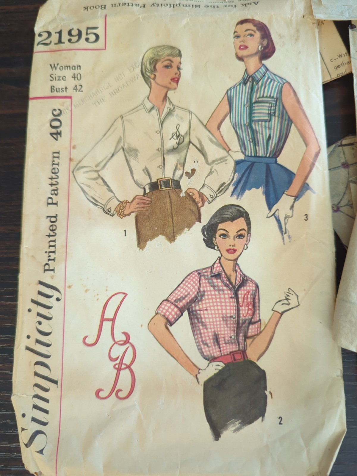 Simplicity Blouse, Monogram Pattern, #2195 Rare Sz 40, VTG 1950s, MCM