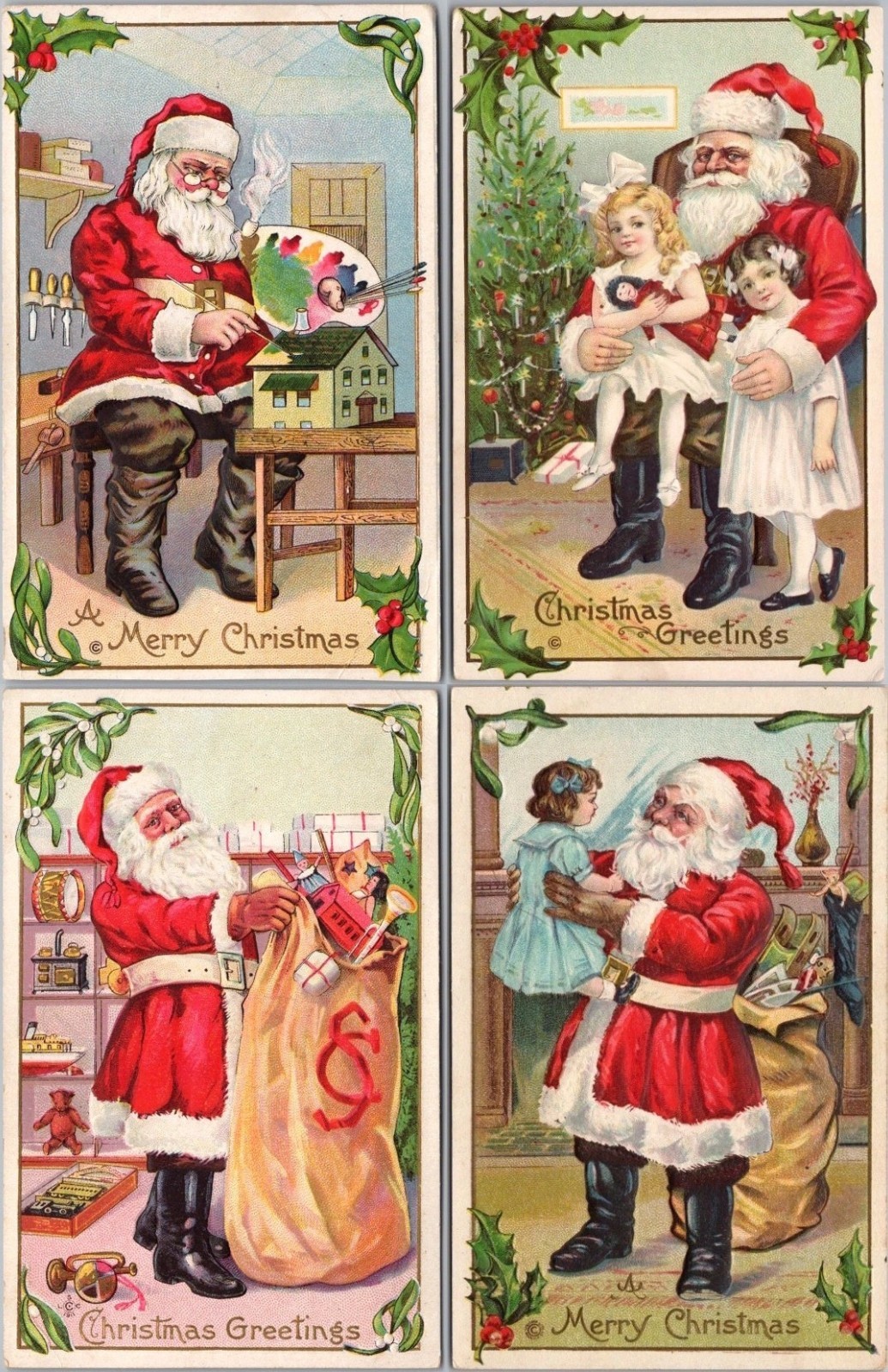 Lot of 4 Antique ~Santa Claus Christmas Postcards~ Children~Toys~Vintage~s578