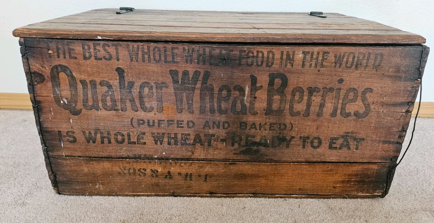  Antique Quaker Wheat Berries Wooden Advertising Crate Box Puffed Baked