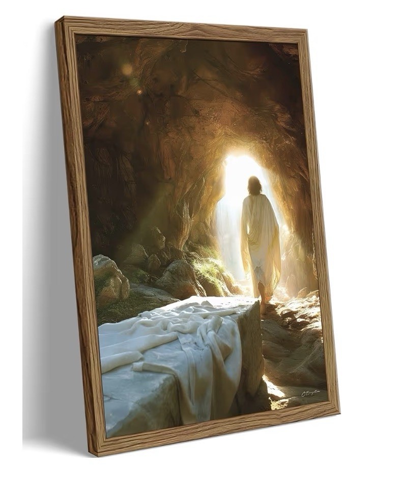Jesus Leaves the Tomb Christian Wall Art - 12x16 Sandstone Textured Wooden Frame