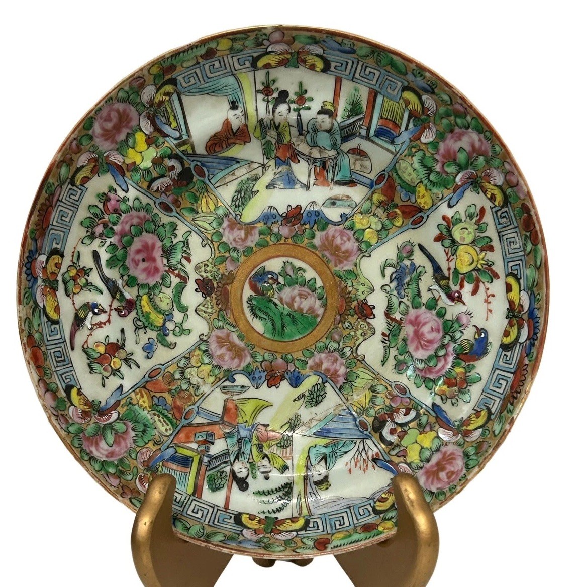 Vintage Chinese Famille Rose Butterfly Round Shallow Handpainted Bowl 8 1/2”