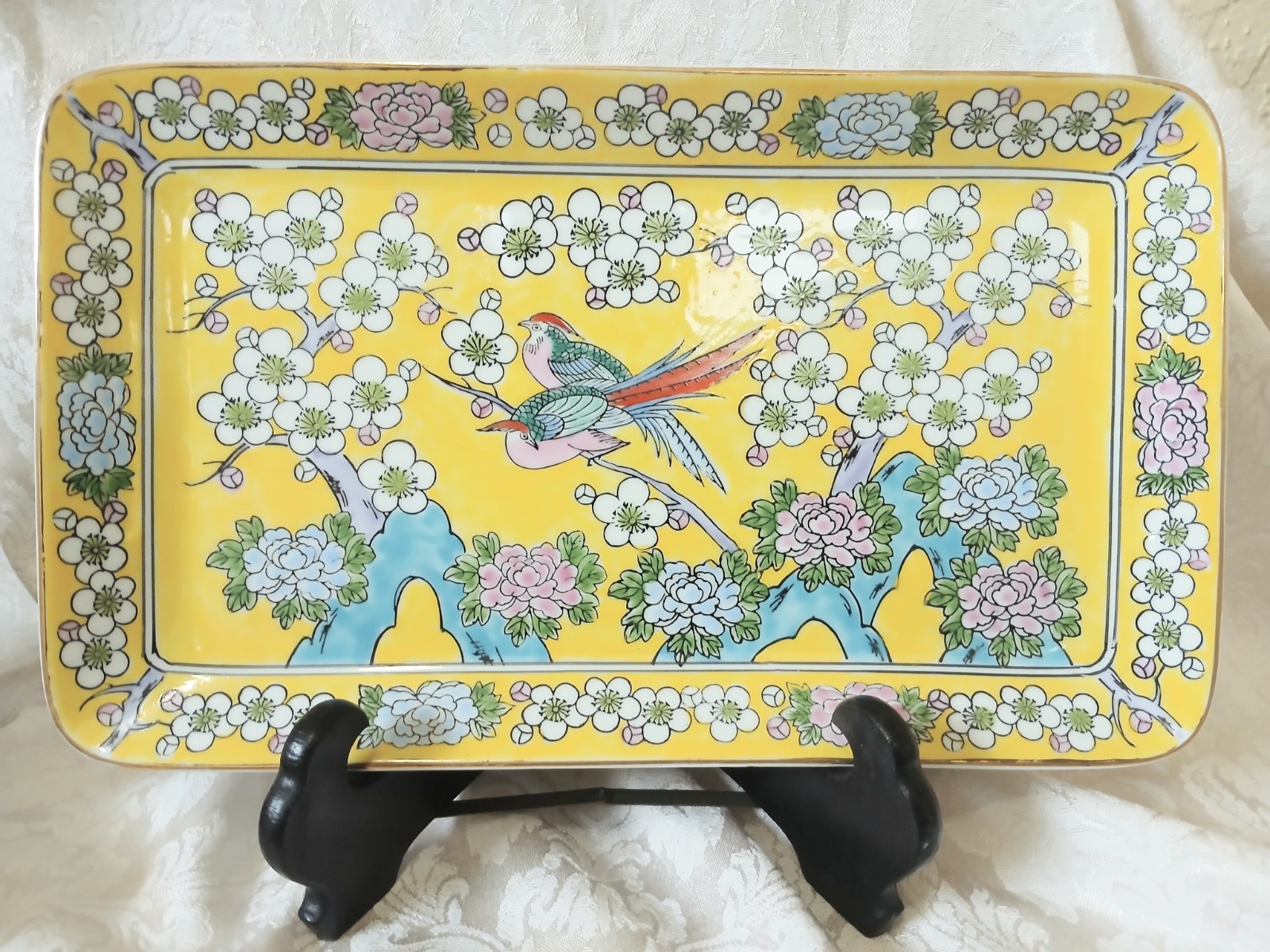 Vintage Asian Yellow Famille Porcelain Platter Rectangle Tray Blossoms Bird 