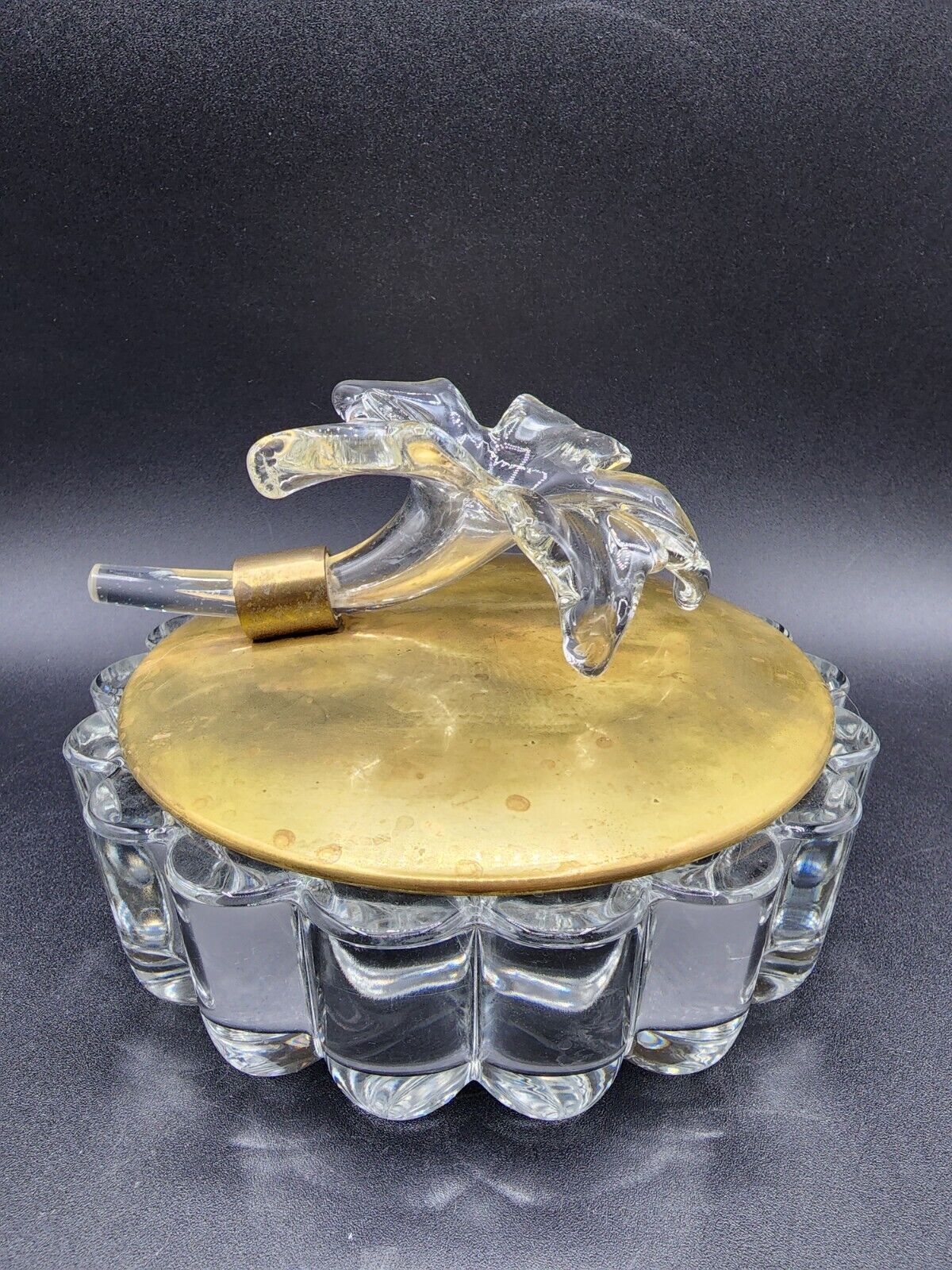 Heisey Crystolite Glass flower and brass lidded Candy Trinket dish 6 1/2” Diamet