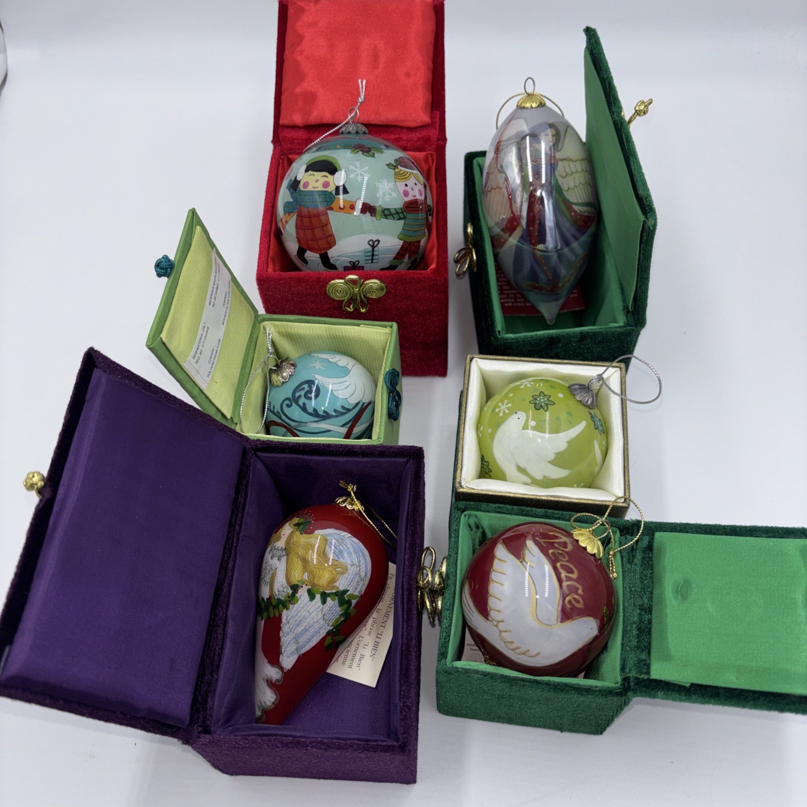 Lot of 6. Pier 1 Hand Painted Li Bien Glass Balls Teardrops Christmas Ornaments