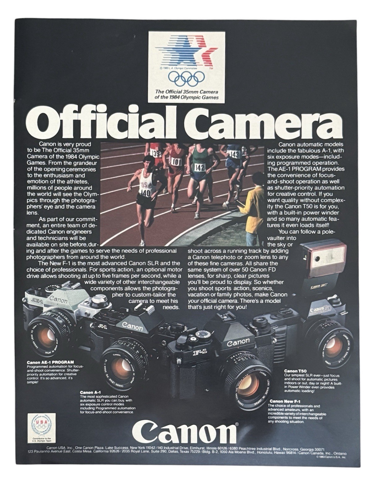 1984 Canon Camera Vintage Print Ad Official 35mm 1984 Olympic Games Retro Art