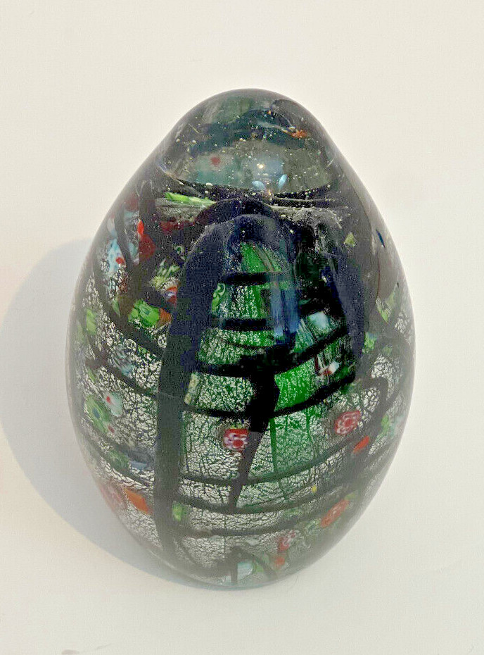 LARGE, HEAVY VINTAGE CASED IRIDESCENT GLASS PAPERWEIGHT WITH MILLEFIORI, 6” TALL