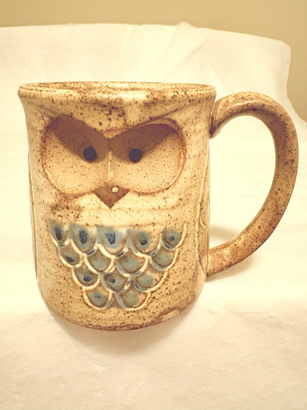 Vintage 1970s Owl Mustache Mug Speckled Stoneware MCM Studio Art Pottery Cup