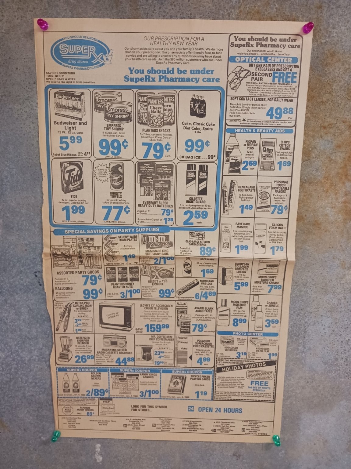 1986 SuperX Pharmacy Care Ad VTG Grocery Store M & M\'s Tide Planters Twizzlers