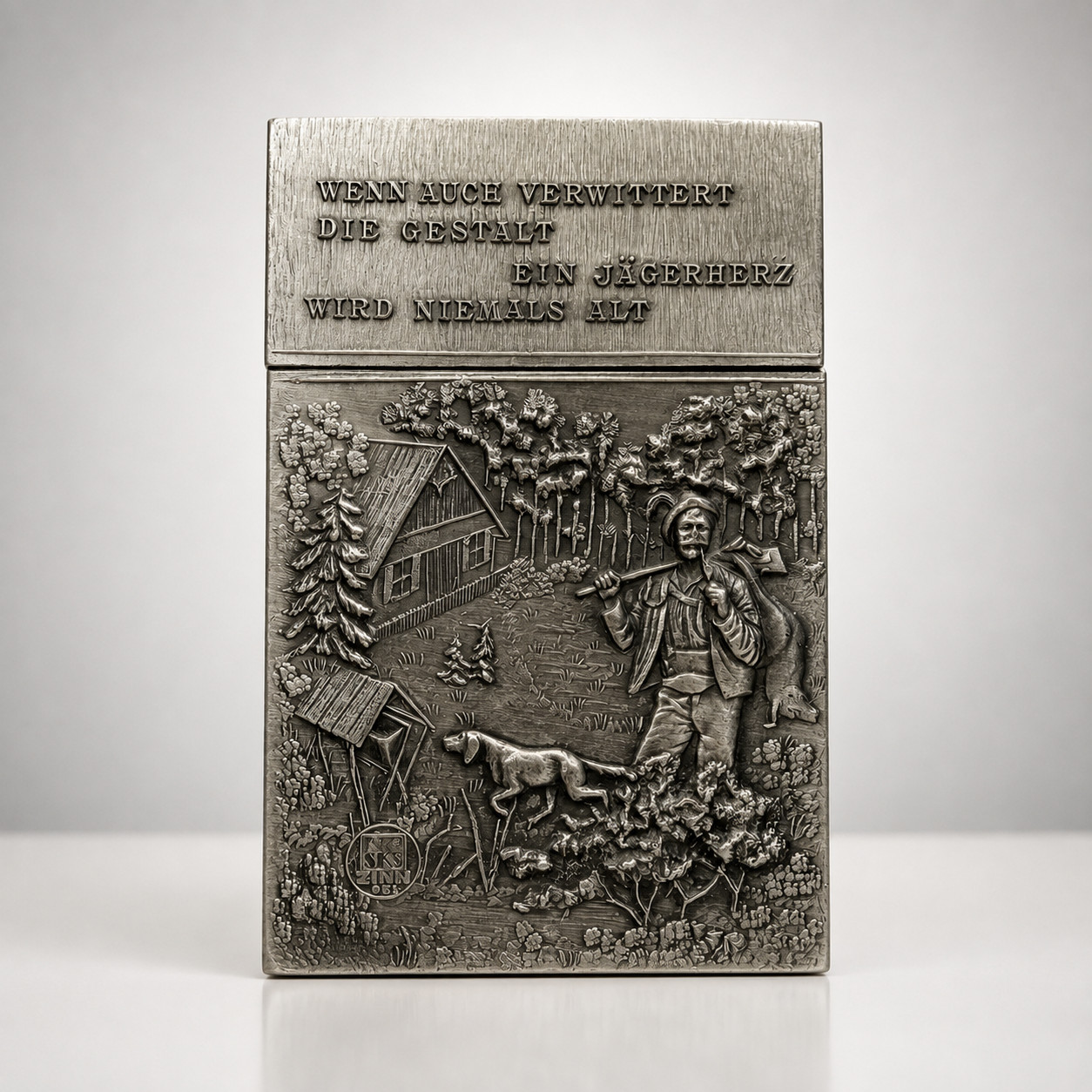 Vintage German SKS 95% Pewter Cigarette Case Dog Hunter Relief Collectible