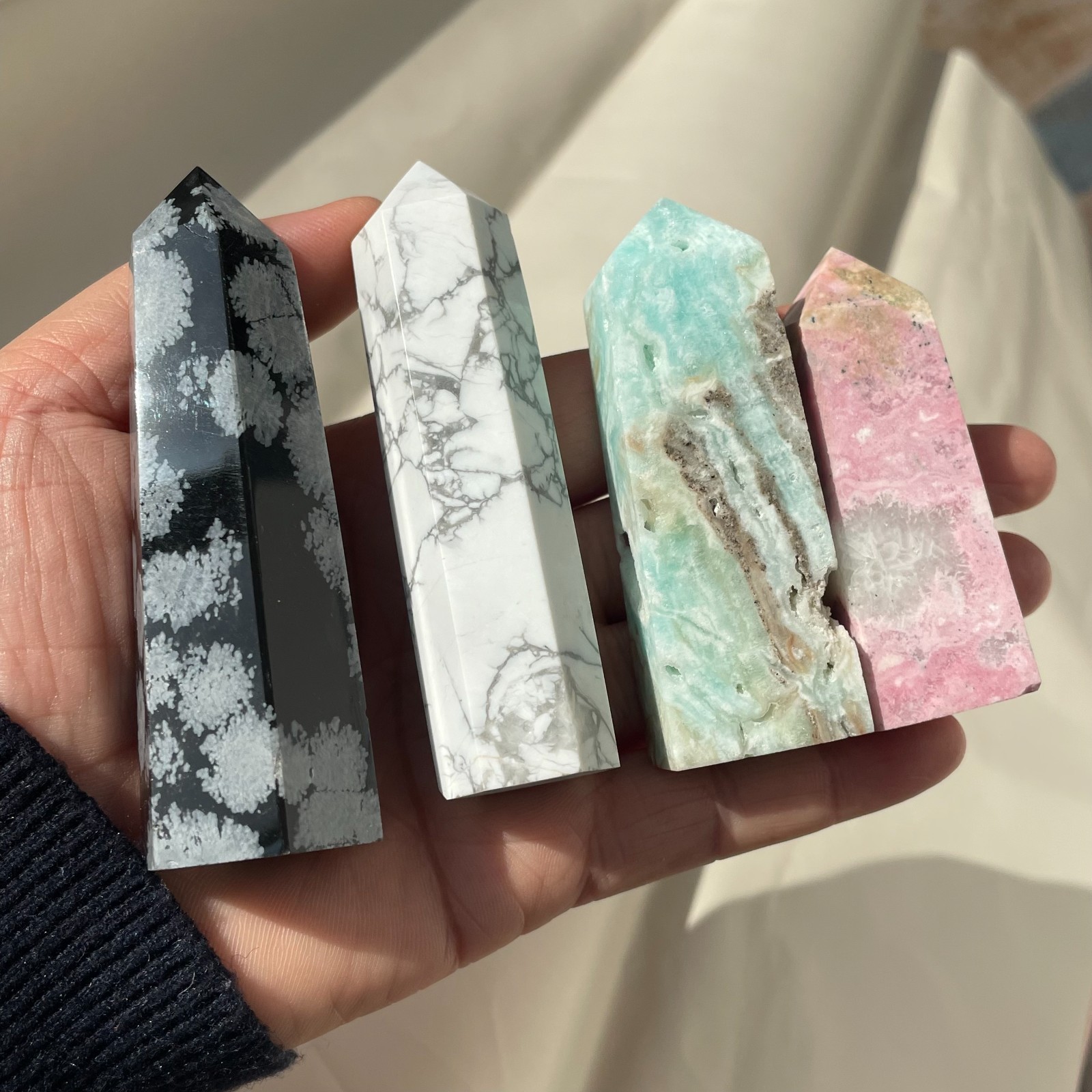 4pcs Natural Howlite Snow Obsidian Rhodochrosite Obelisk Crystal Point Healing