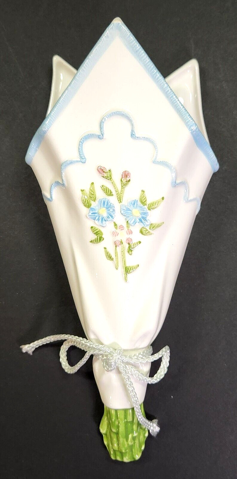 Vintage 1980s Embroidered Design Handkerchief Ceramic Flower Wall Pocket Vase