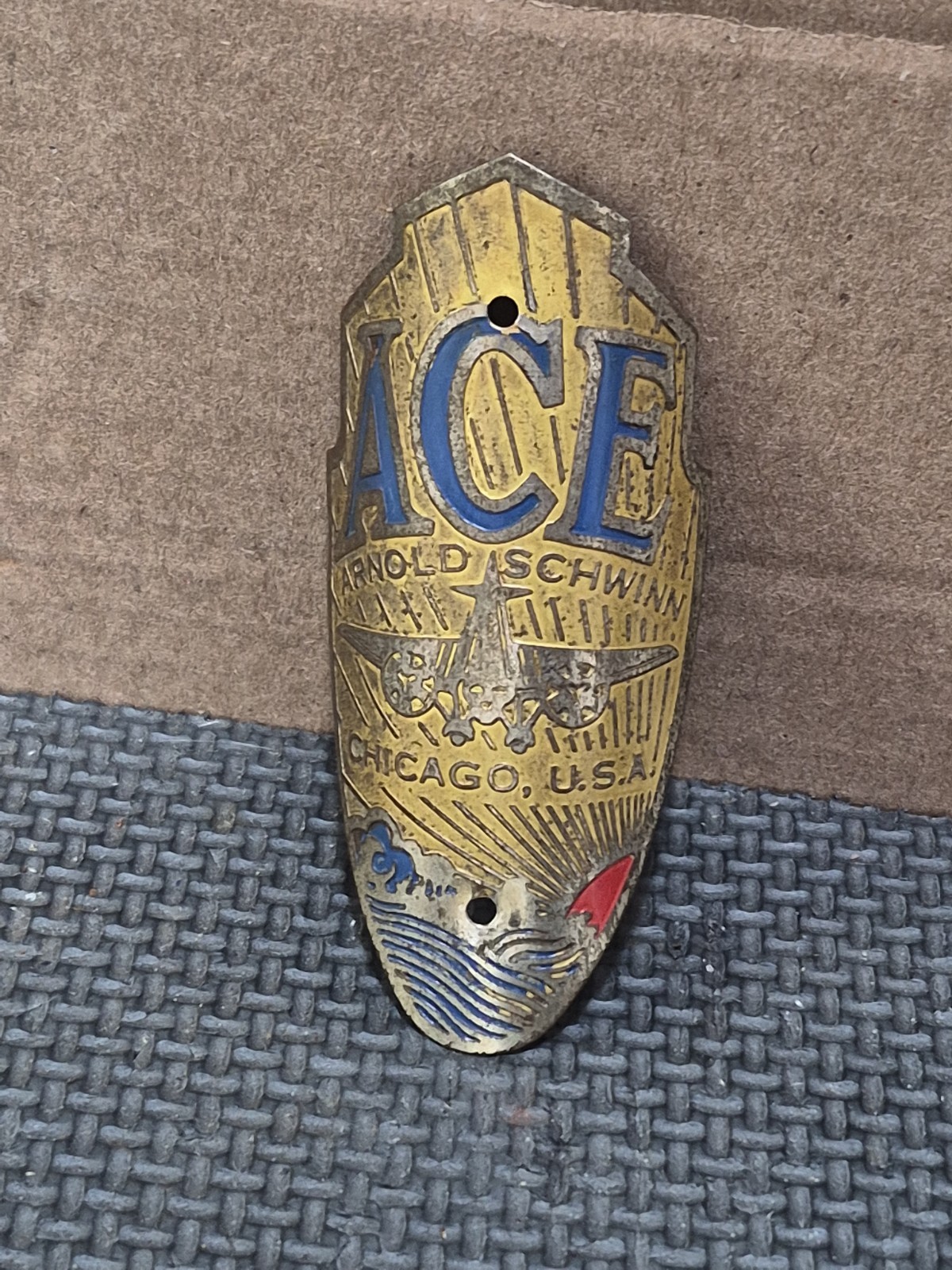 Vintage Prewar Schwinn Ace Bicycle Head Badge Autocycle Dx Cycleplane B6 B10E S2