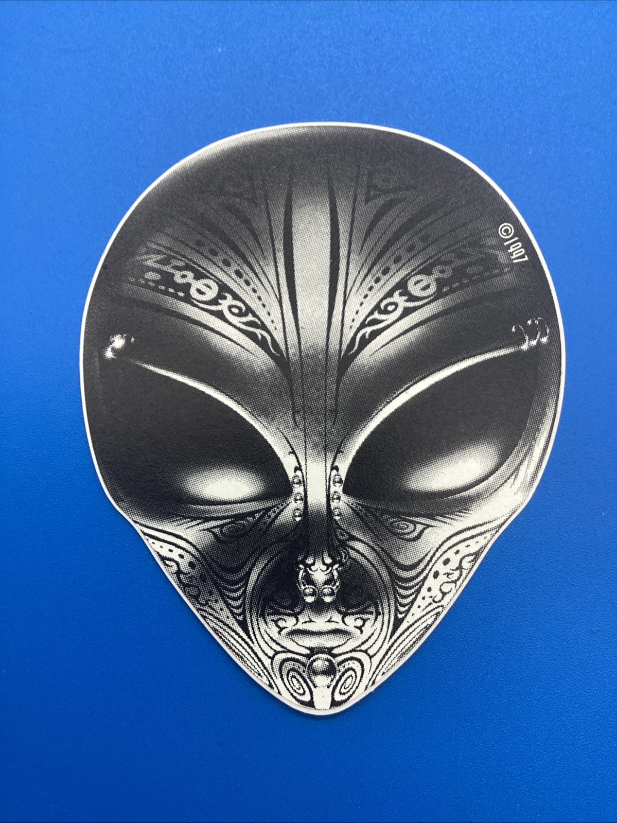 Vintage 1997 Alien Head Sticker Decal Gray Tribal Tattoo Detailing Sci-Fi 90S