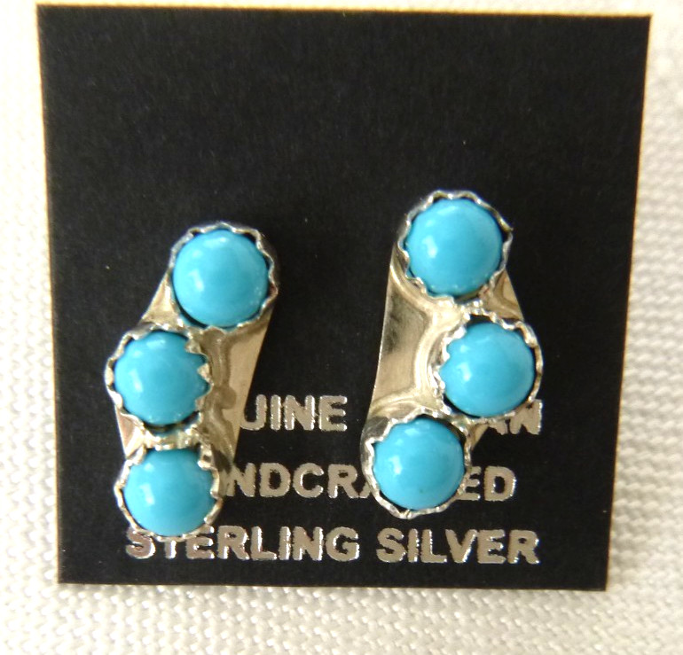 Zuni Janice Spencer Kingman Turquoise Trio Earrings 925 Sterling Silver 3/4 Zuni Janice Spencer Kingman Turquoise Trio Earrings 925 Sterling Silver 3/4