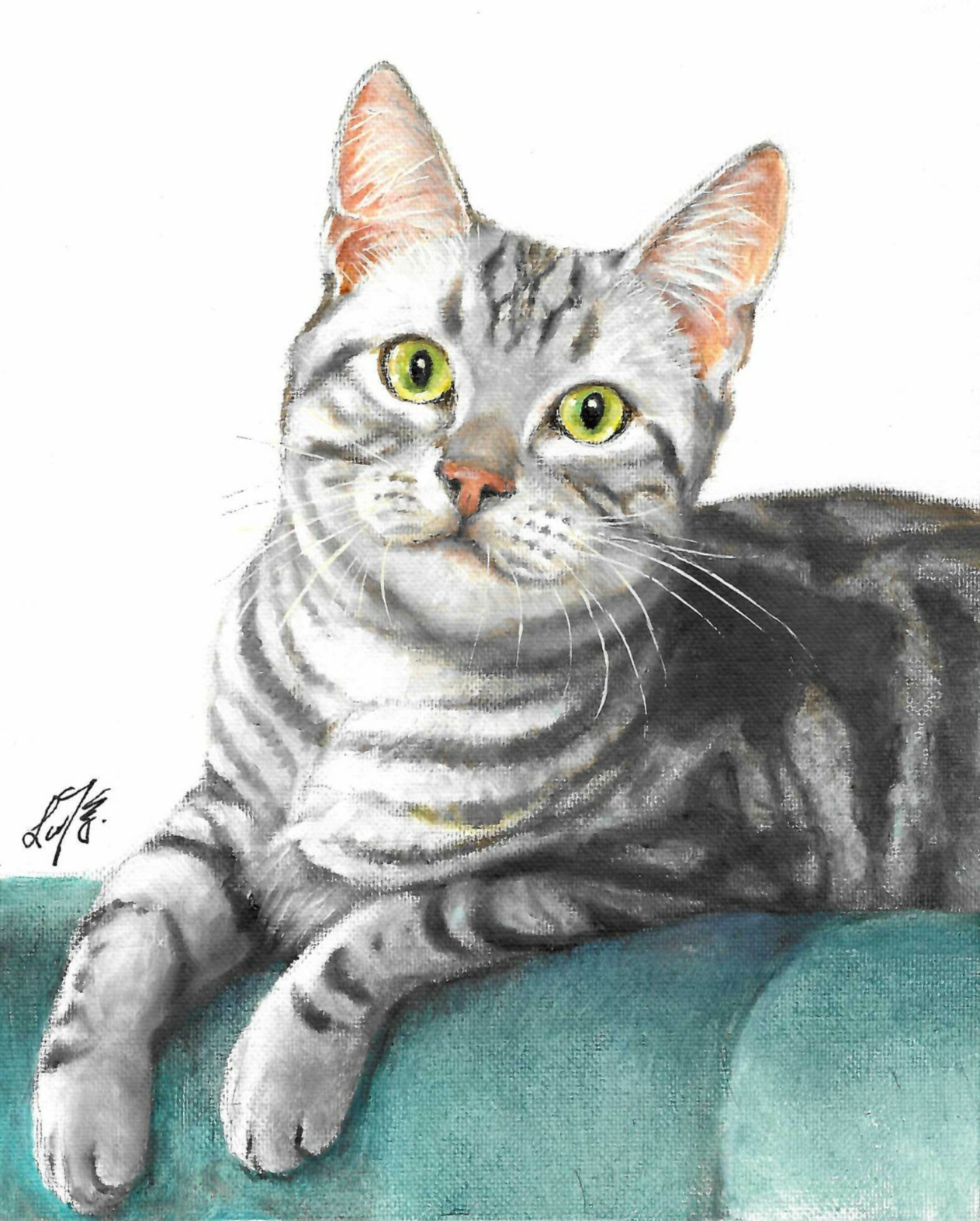 ✤ ORIGINAL Oil Portrait Painting AMERICAN SHORTHAIR SILVER TABBY Signed Cat Art