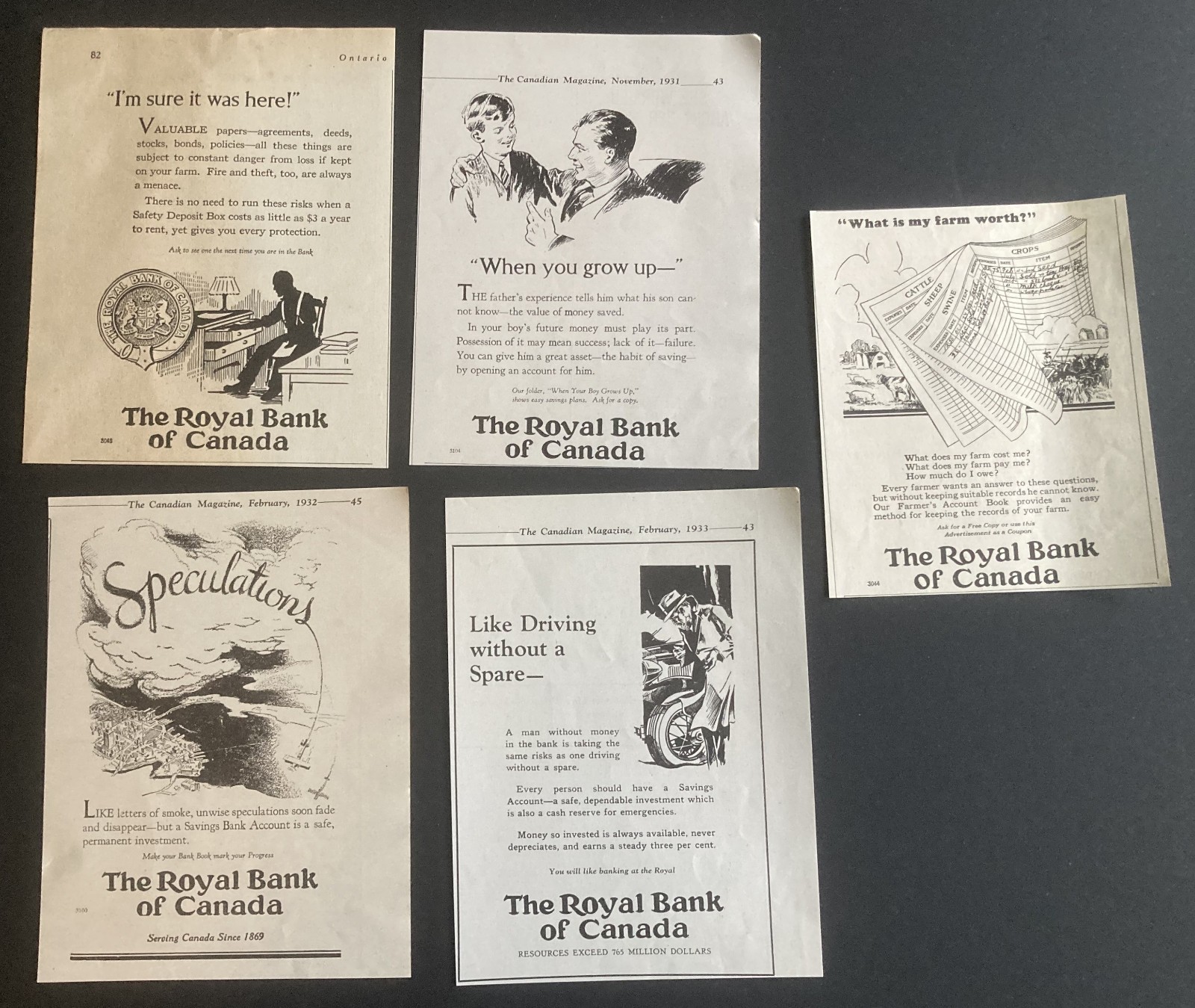 5 ADS ALL FROM 1930\'S ROYAL BANK OF CANADA SAVINGS BANKING AD ADVERTISING