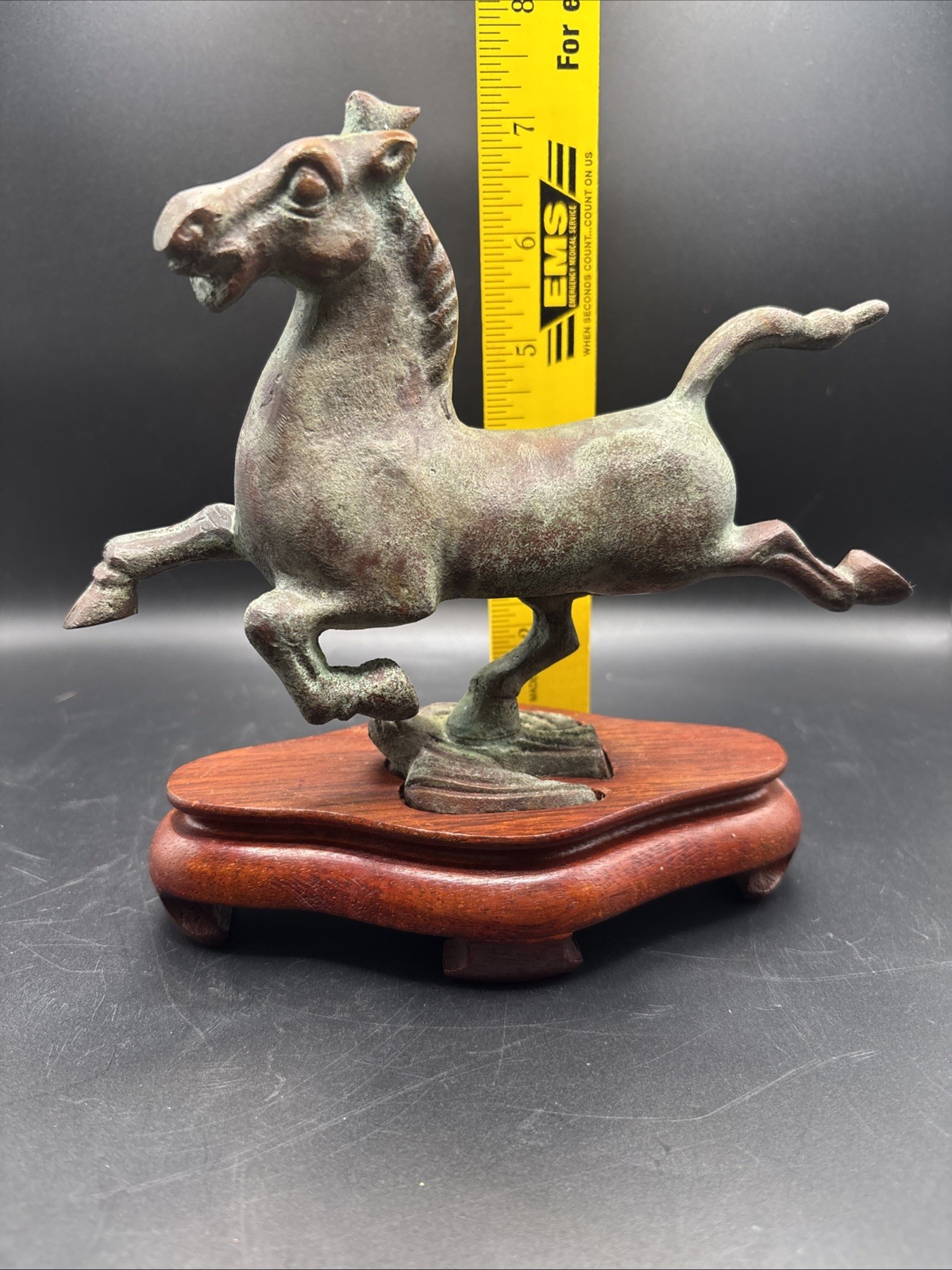Vintage Flying Horse of Gansu Metal Figurine on Wood Base Made Hong Kong Replica