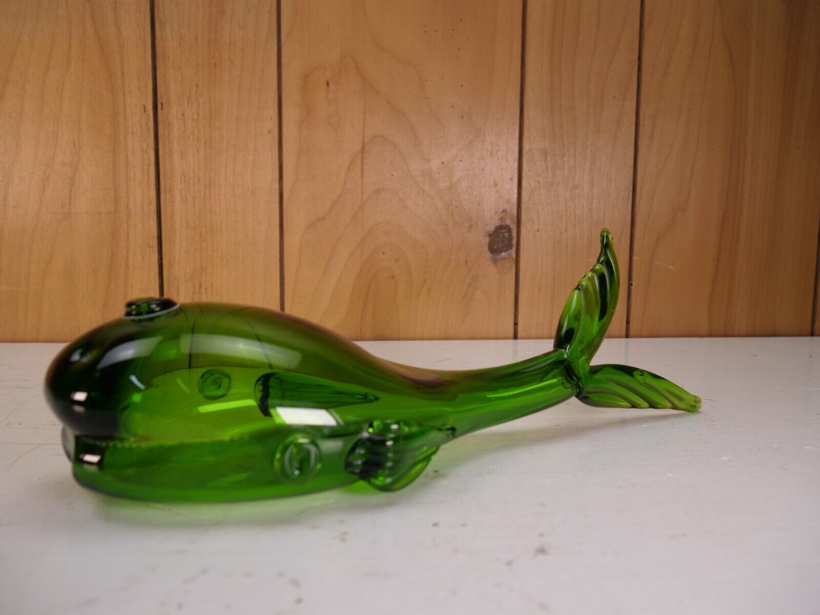 Blenko?? Olive Green 1970’s Glass Whale Hand Blown Paperweight Light Catcher