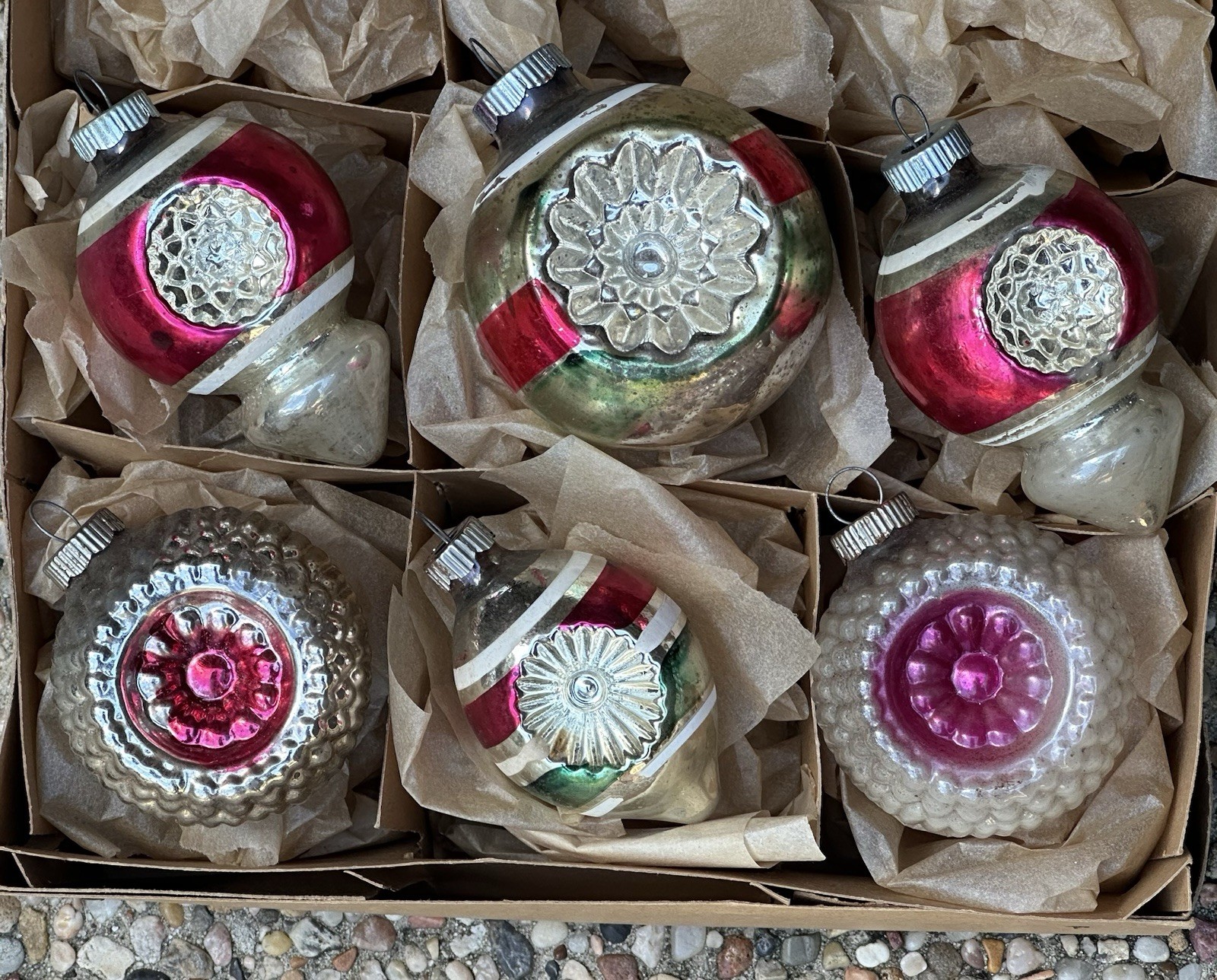 VTG Shiny Brite Made In USA Double Indent Reflector Finial Glass Ornaments