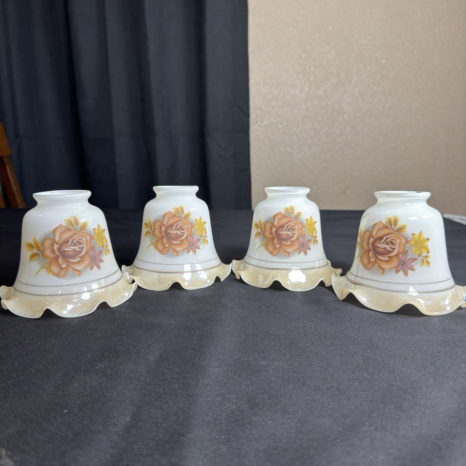 4 VTG LUSTERWARE Milk Glass Ceiling Fan Light Lamp Shades Floral Roses Ruffled