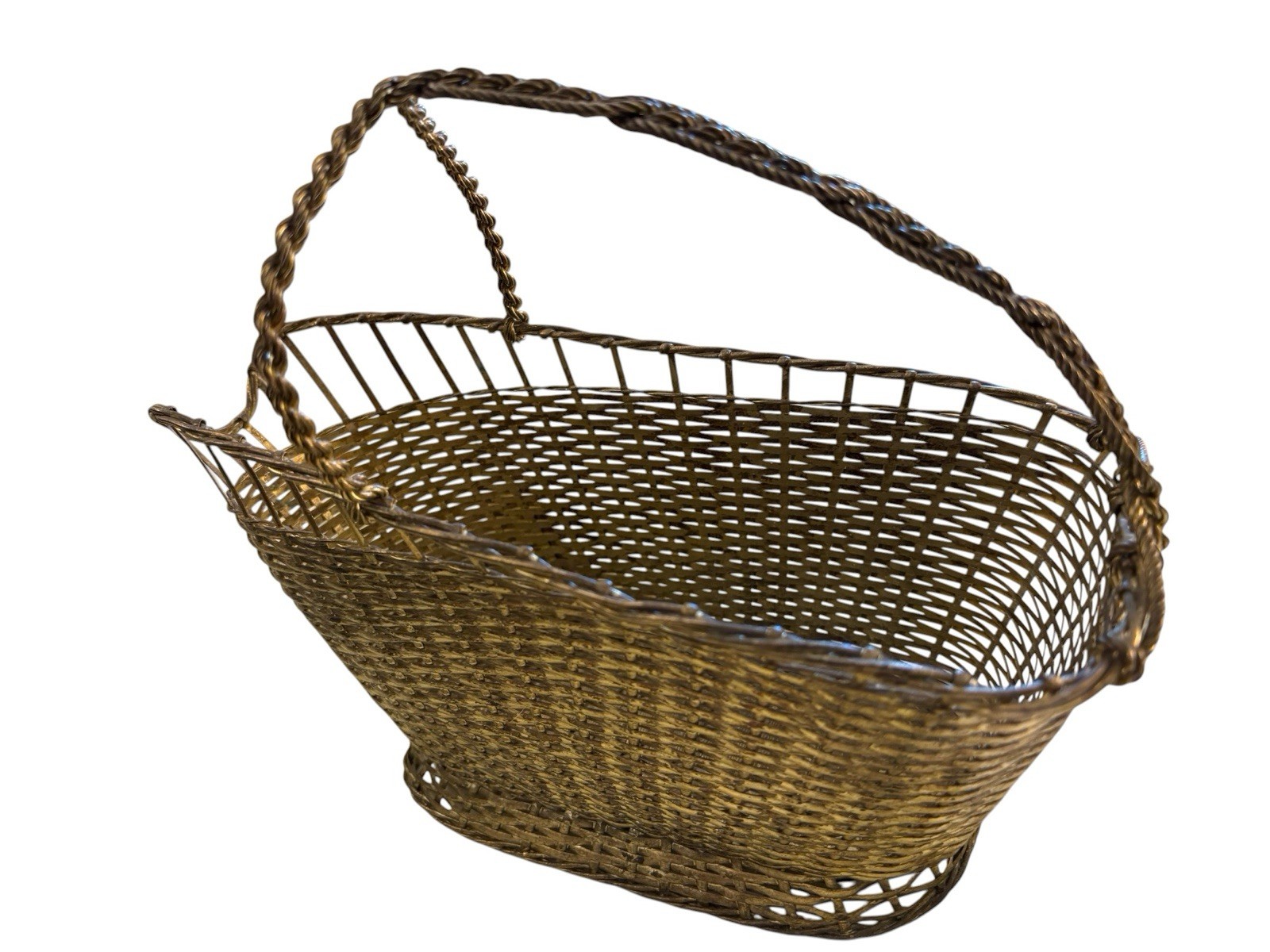 French Vintage Brass Wire Wine Basket Bottle Caddy Marked France