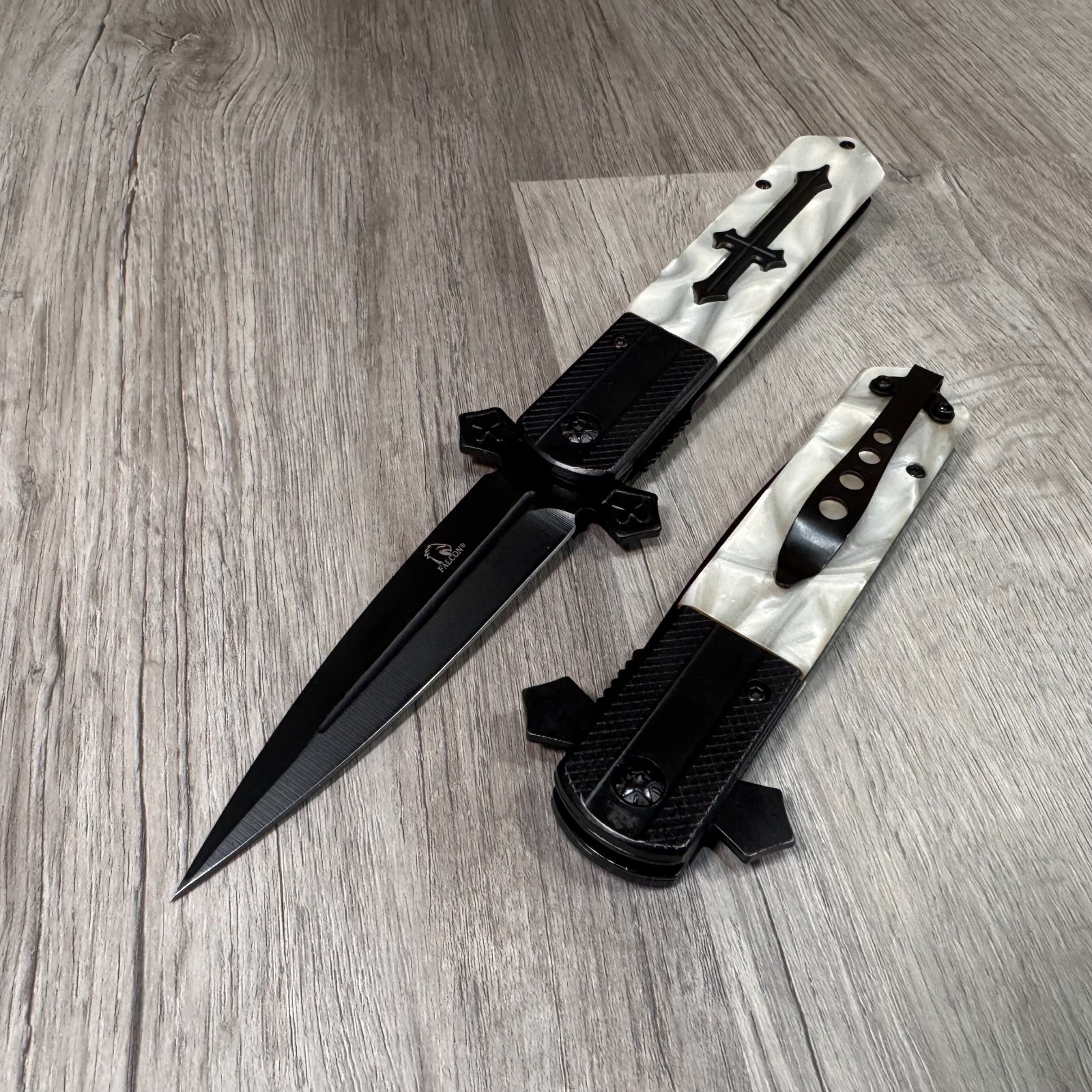 9” Black Pearl Cross Tactical Spring Assisted Folding Pocket Knife. Item 0024
