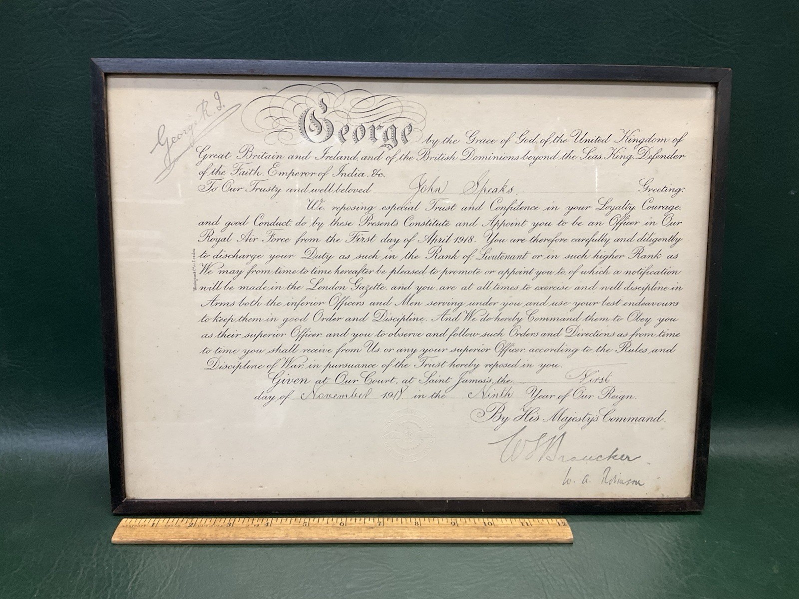 Signed King George V of England WW1 RAF Document Dated 1st April 1918 ~ Framed