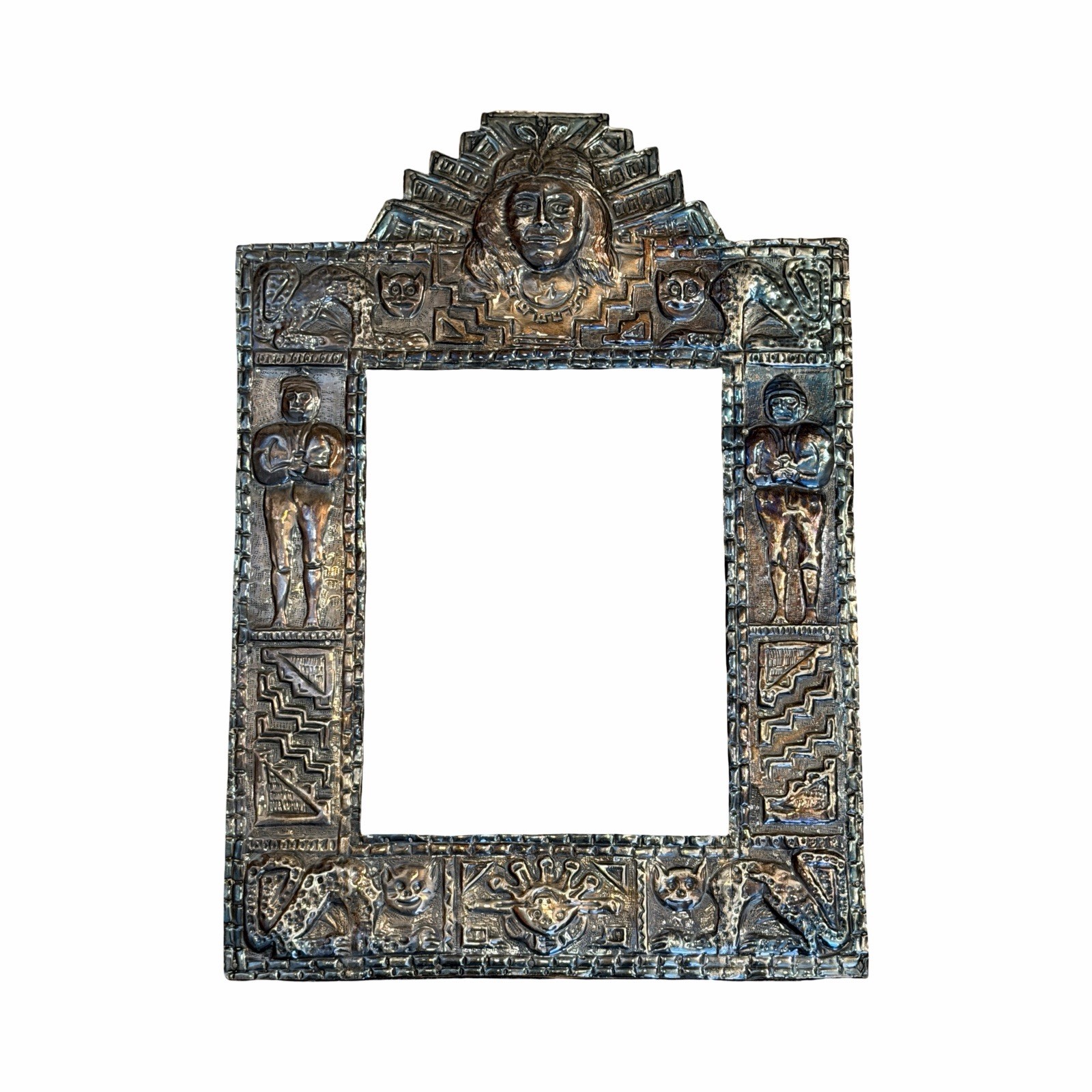 Vintage Peruvian Inca Andean Folk Art Repoussé Metal & Wood Picture Frame