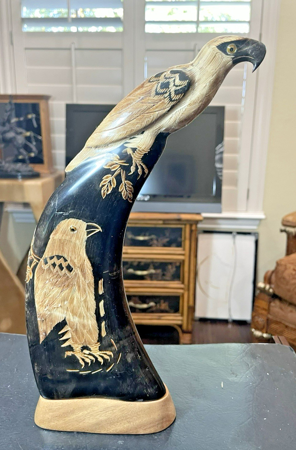 Vintage Hand-Carved Buffalo Horn Hawk Figurine on Teak Wood Base Vintage Hand-Carved Buffalo Horn Hawk Figurine on Teak Wood Base