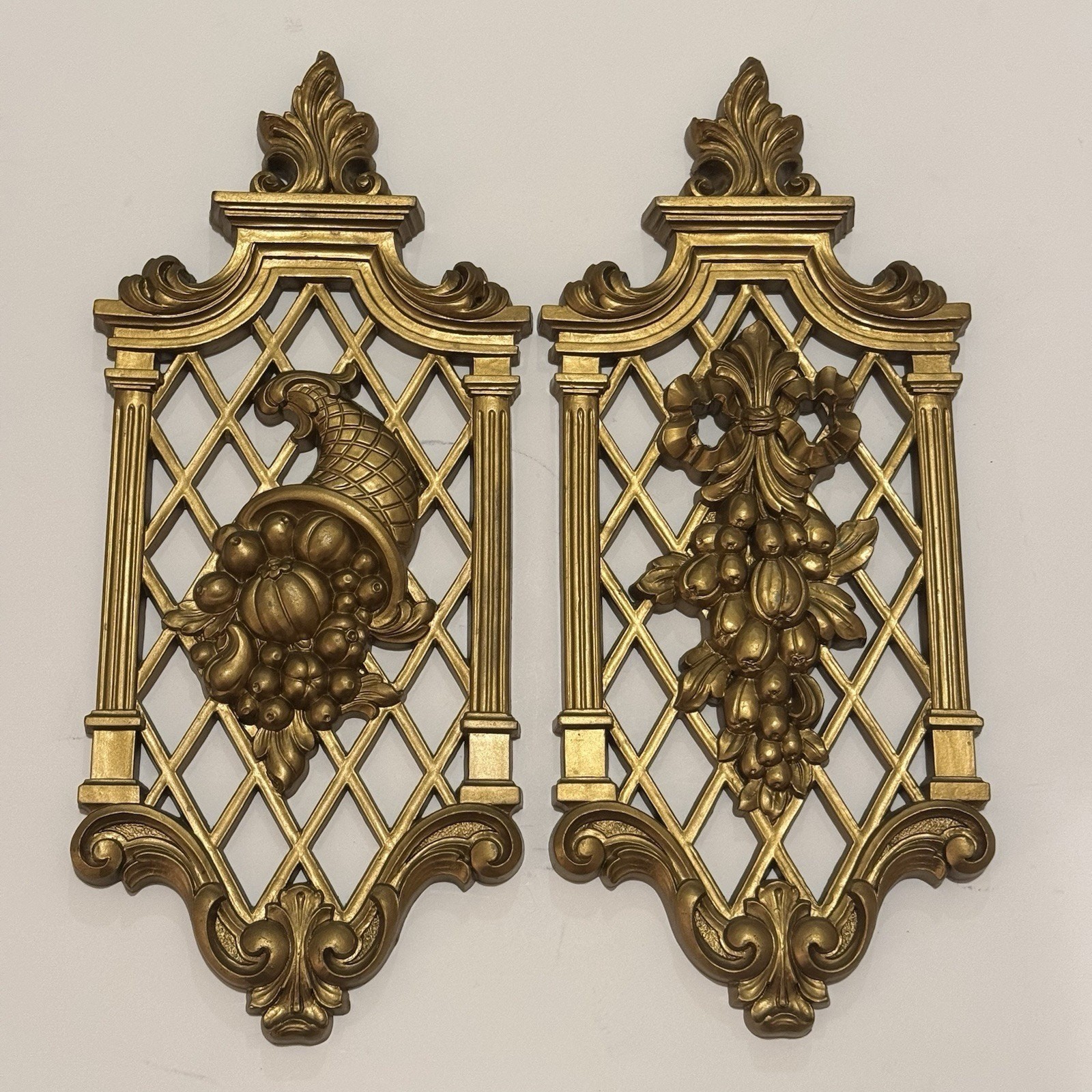 VTG Dart Homco Wall Plaques \'71 Gold Lattice Hollywood Regency Plastic Decor USA