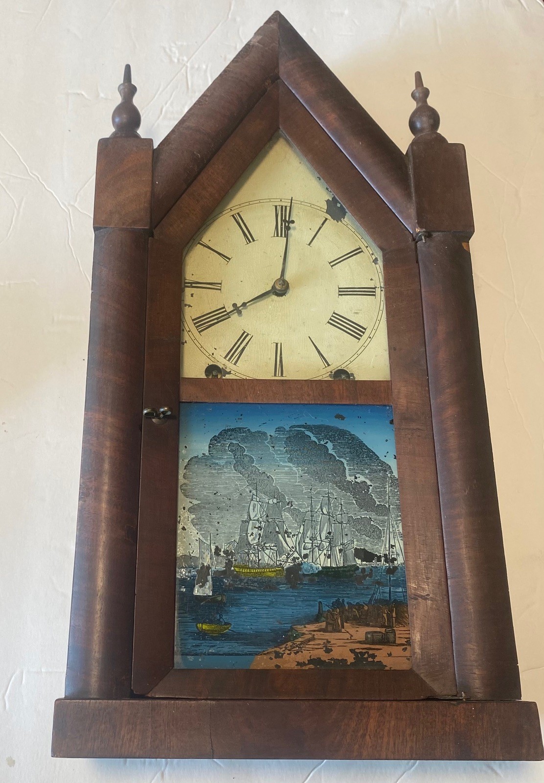 Original Ingraham 8 day Steeple Clock nice reverse painting  & Great Label