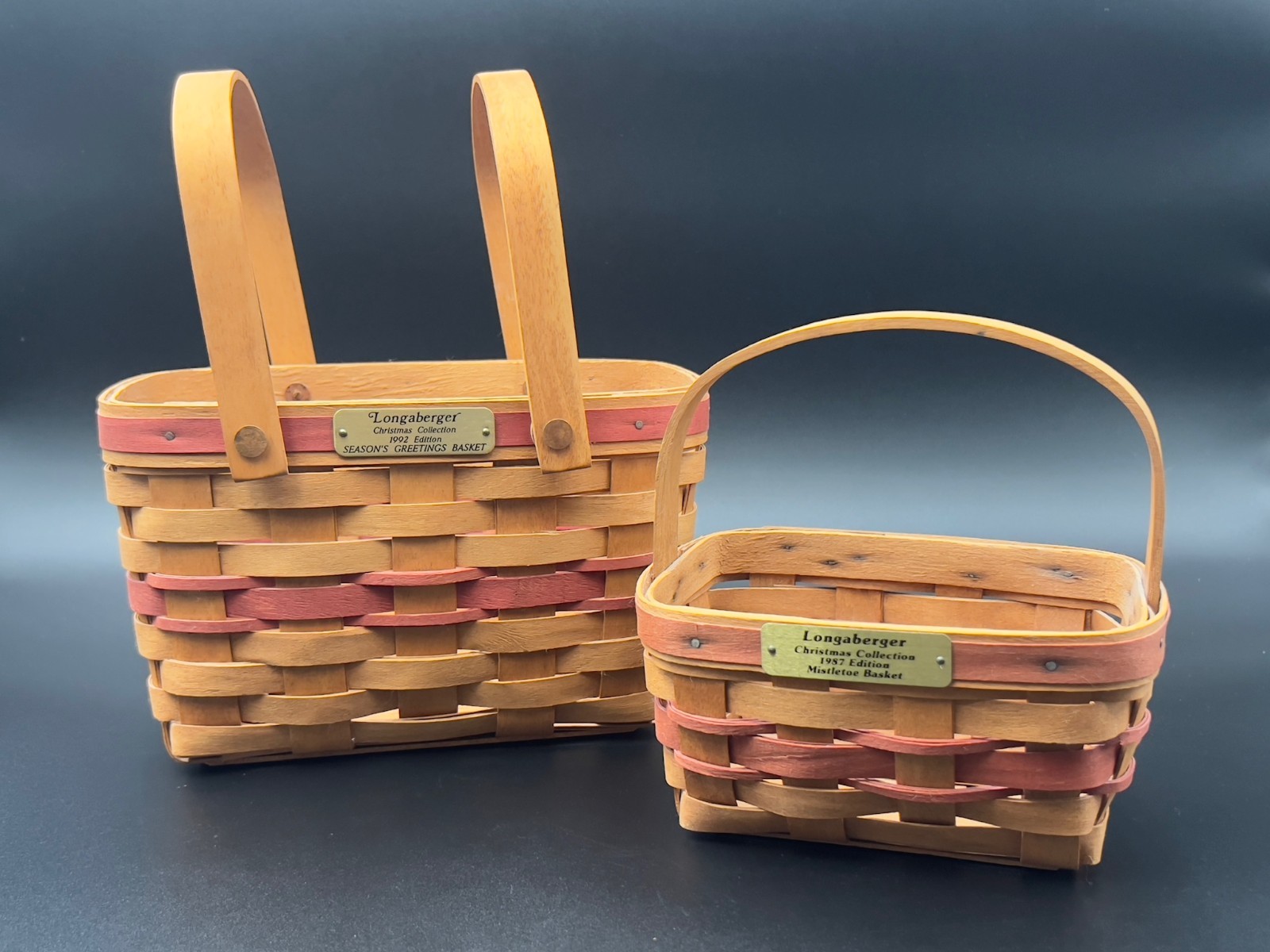 Longaberger Christmas Set Of 2 Baskets Signed as well 1992,1987 dated