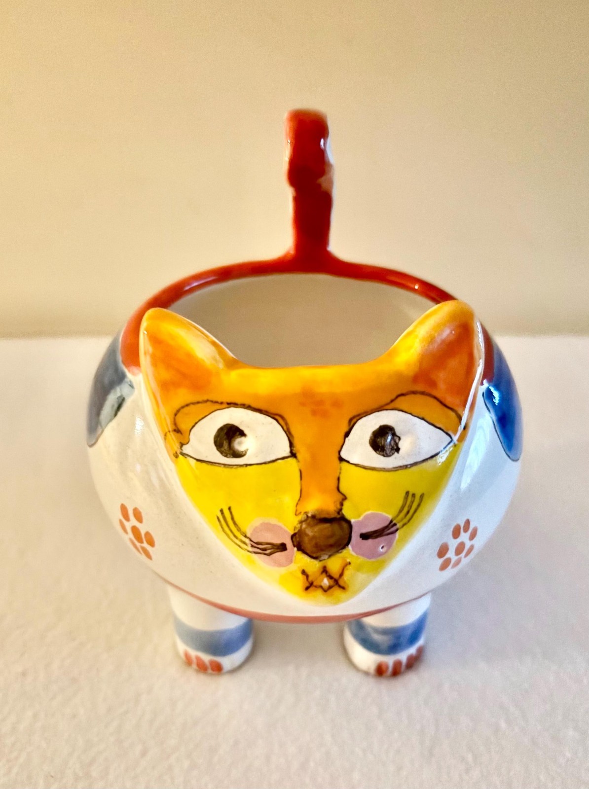 Vintage DeSimone Italy Cat Pottery, Italian Handpainted Ceramic Tumbler