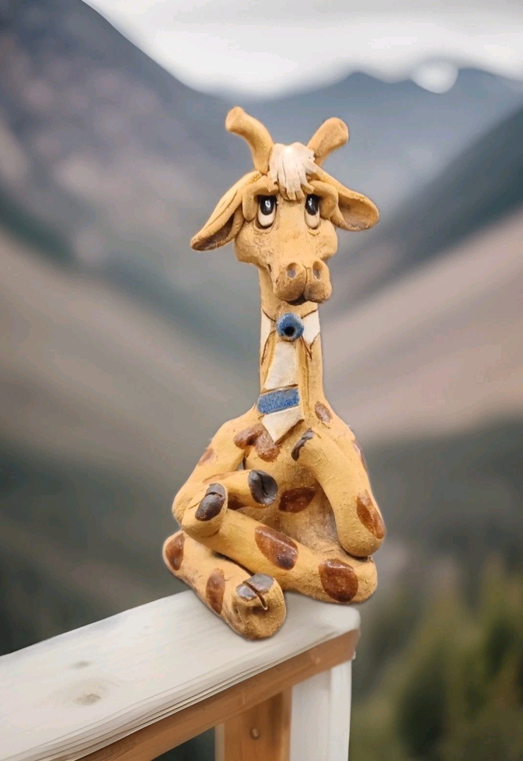 Signed Pottery Clay Sitting Anthromophic Giraffe Figurine