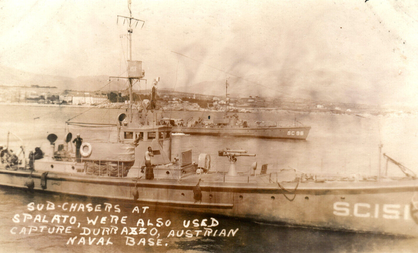 WWI US Navy Submarine Chaser Ship Capture Austrian Naval Base Postcard Rppc