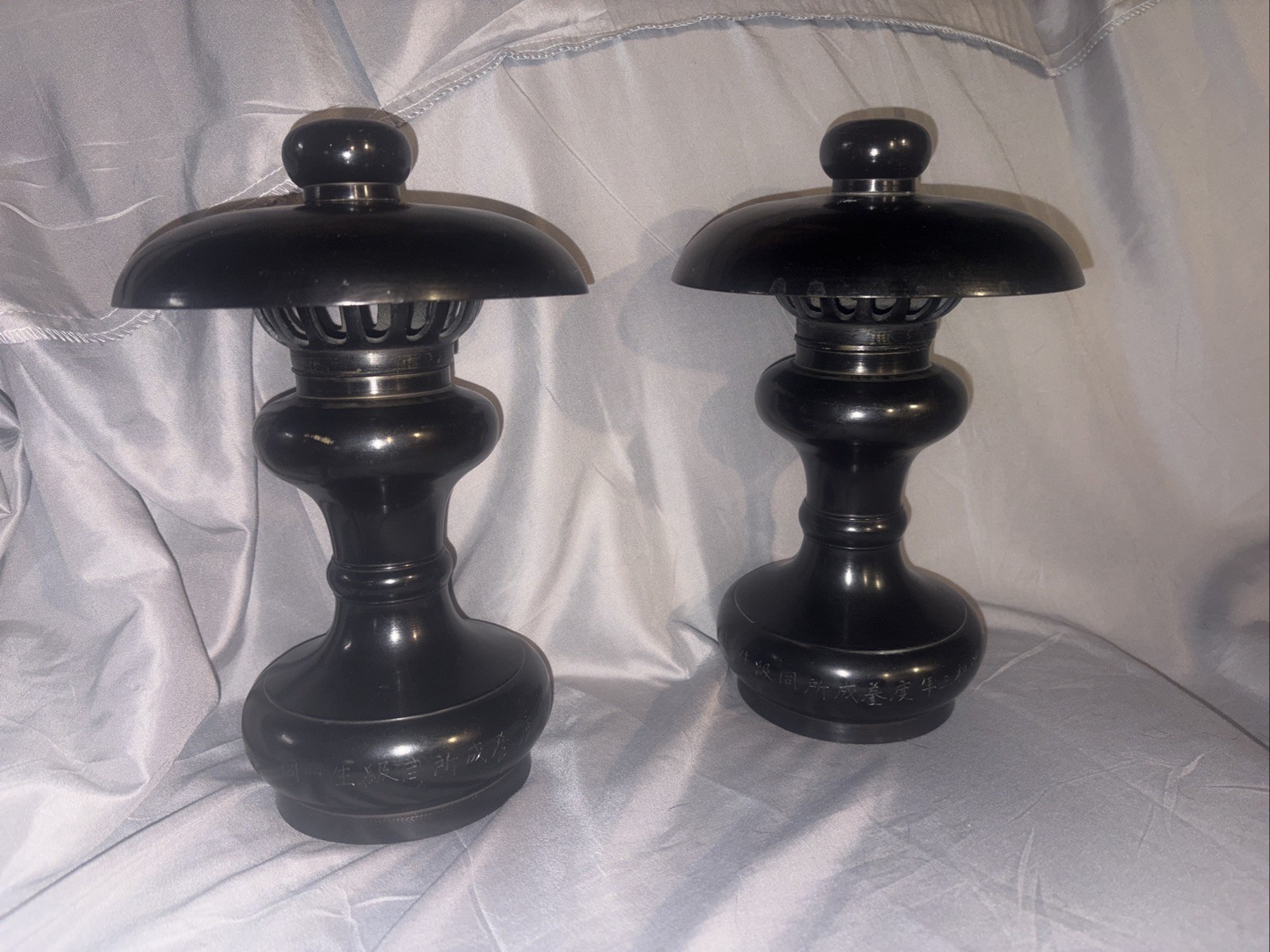 Pair 1955 Japanese Buddhist Altar Candle Stands Bronze Shokudai Signed Shimizu