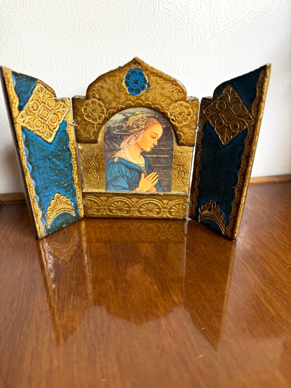 Vintage Folding Christian Triptych Virgin Mary Gold & Blue Hinged Panel