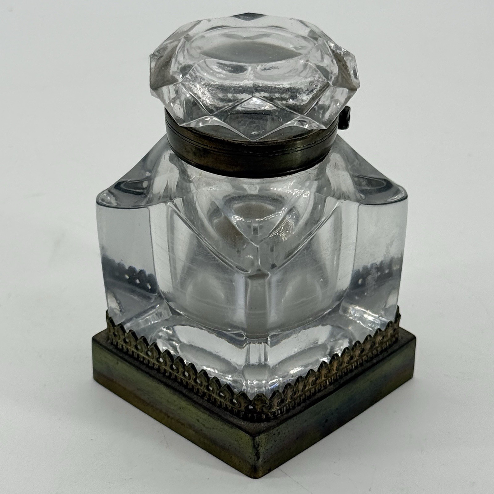 Antique Victorian Cut Glass Crystal Inkwell Brass Base Heavy Desk Scribal 