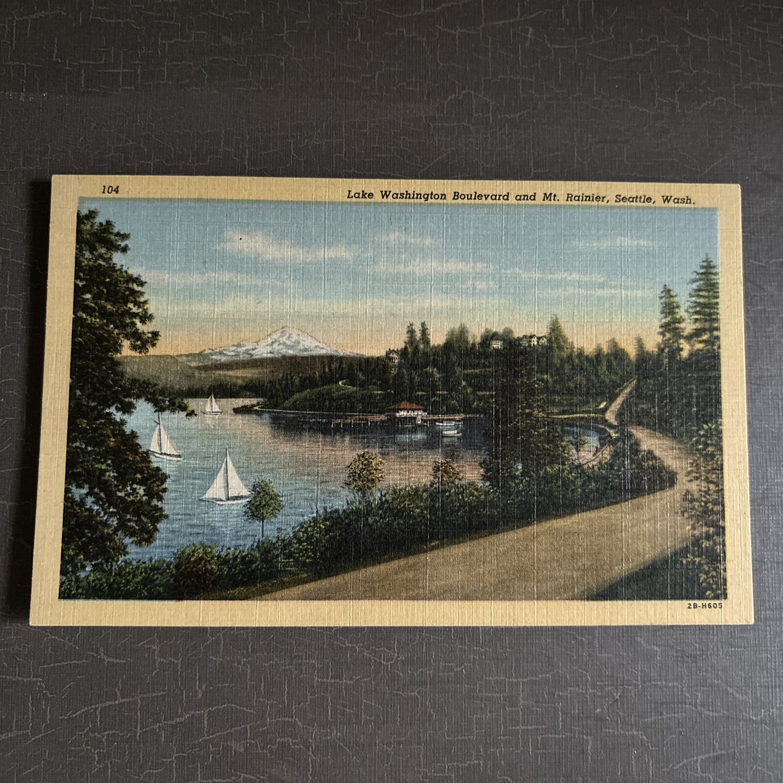 Vintage Linen Postcard Lake Washington Boulevard and Mt Rainier Seattle WA c1942