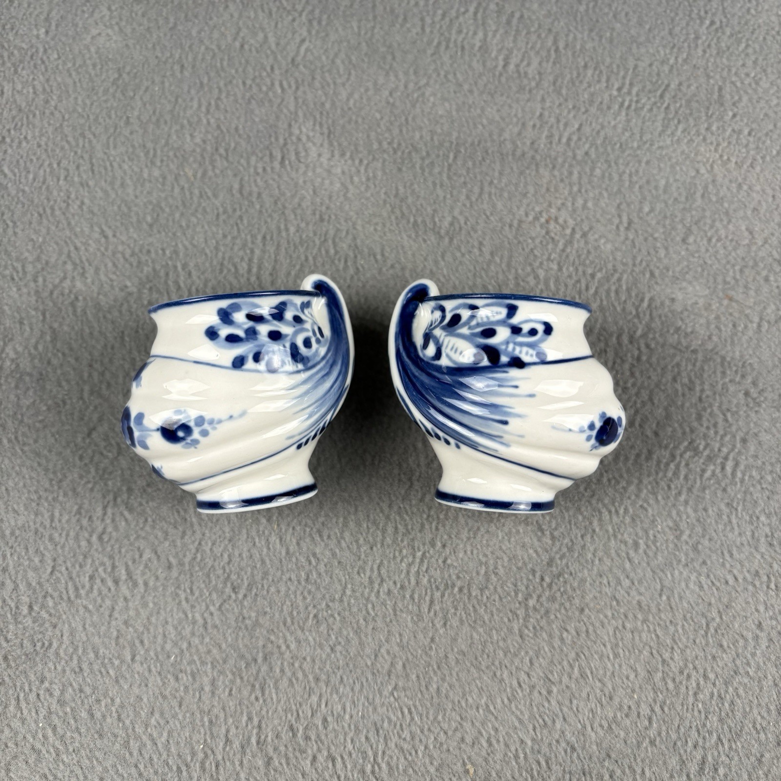 Gzhel Style Porcelain Handmade Collectible Set Of 2 Tea Cup Figurines Blue White