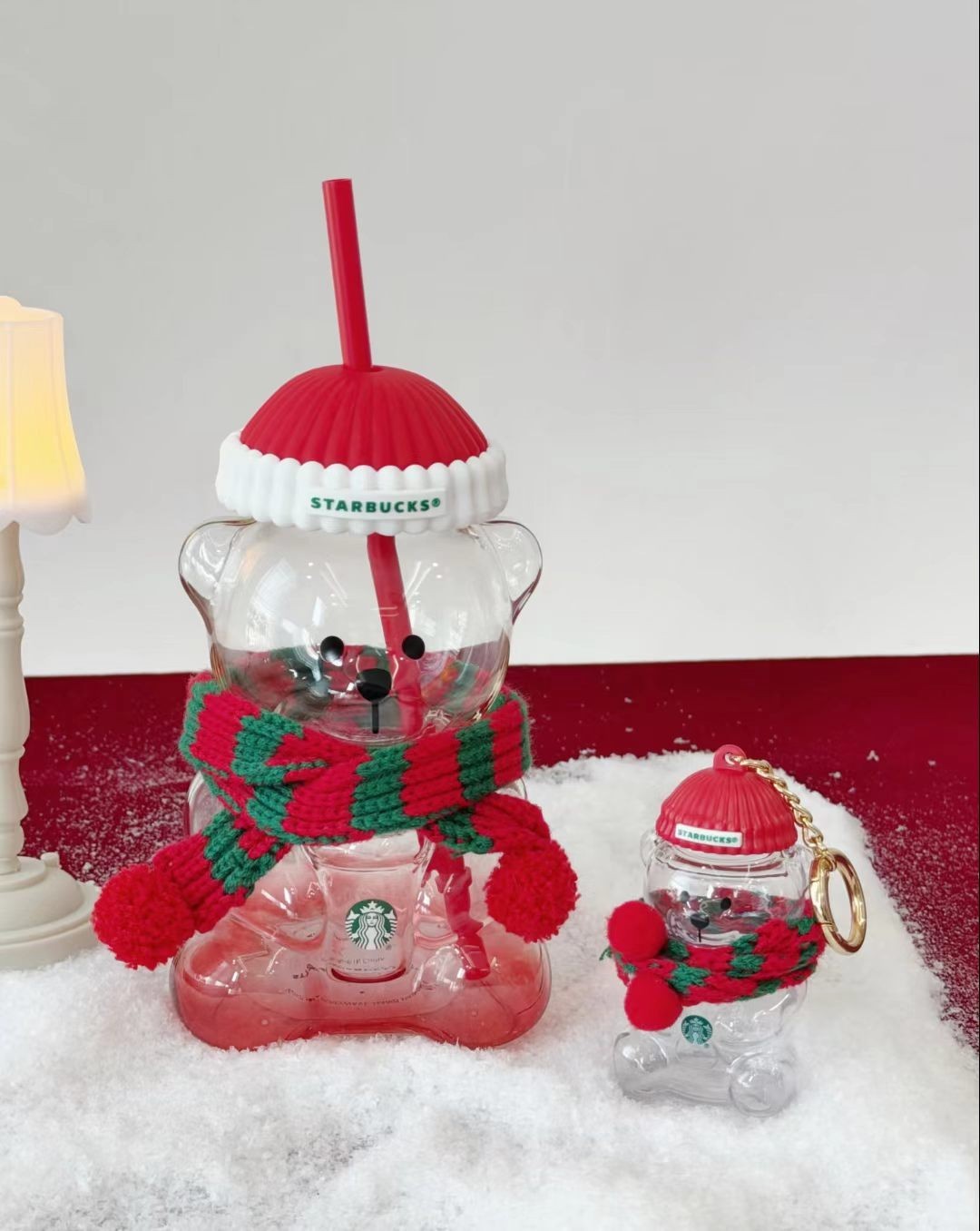 Starbucks 2026 Christmas Red Hat Bear Glass Cup Mini Bear Keychain Scarf Gift