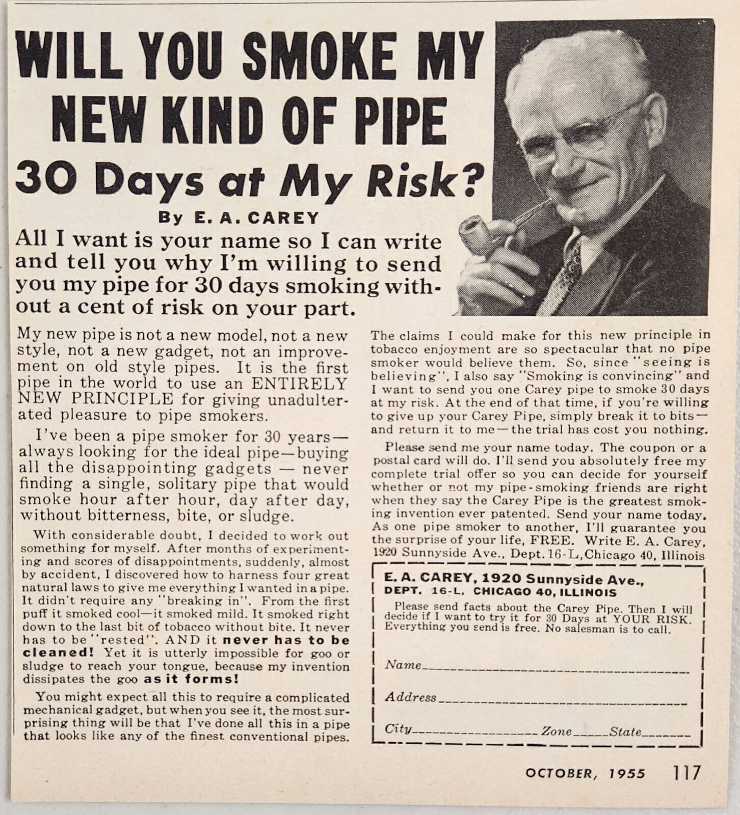 1955 Print Ad New Kind of Smoking Pipe from E.A. Carey 30 Days Free Chicago,IL