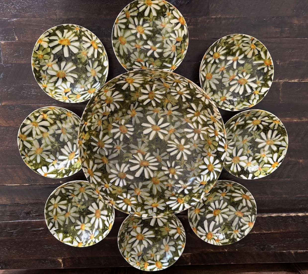 MCM Fiberglass Large Decoupage Bowl and 8 bowls White Daisies Flowers 1960s set