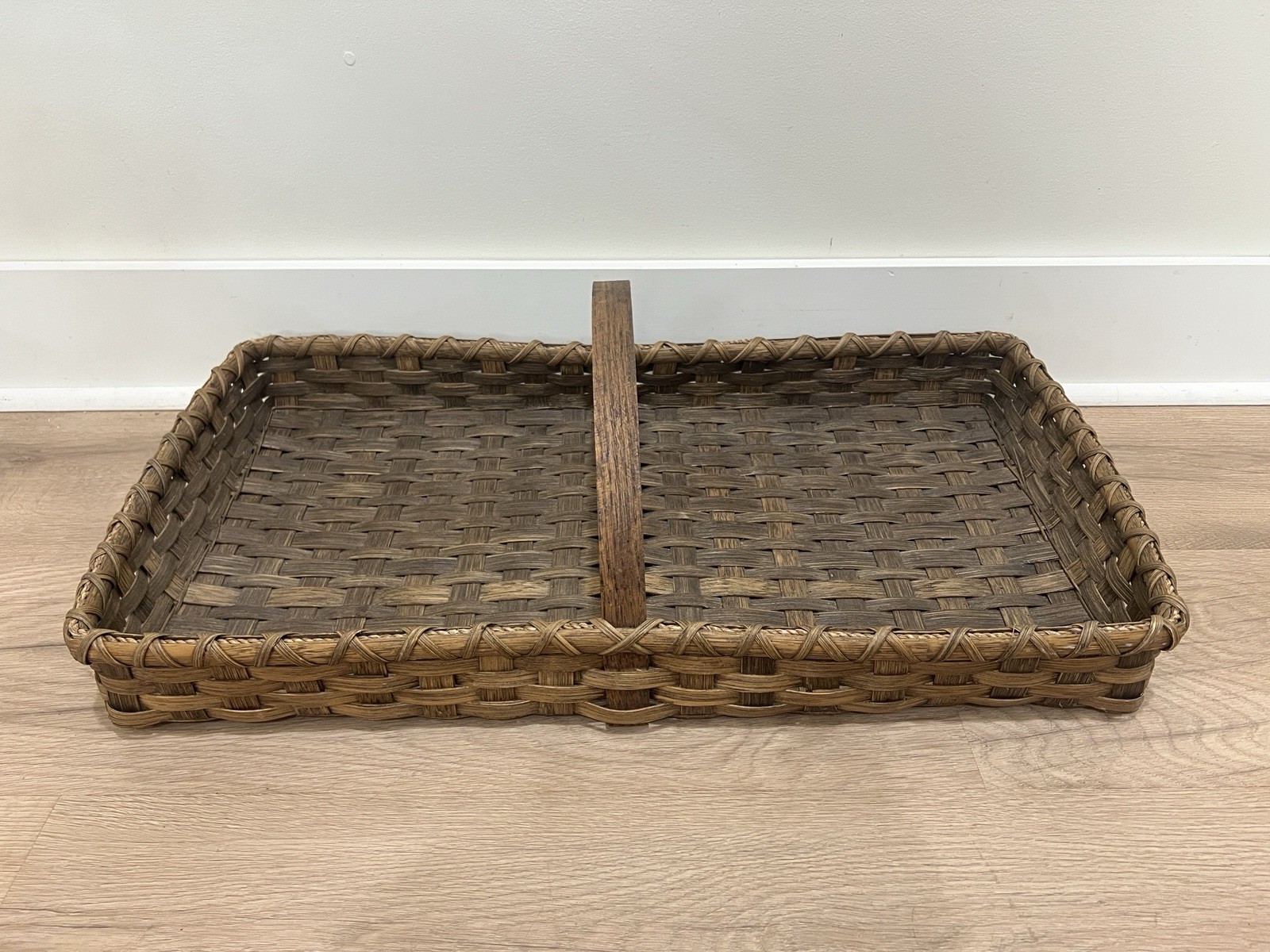 VTG Signed Woven Wood Splint Gathering Basket Bentwood Handle Garden Farmhouse VTG Signed Woven Wood Splint Gathering Basket Bentwood Handle Garden Farmhouse