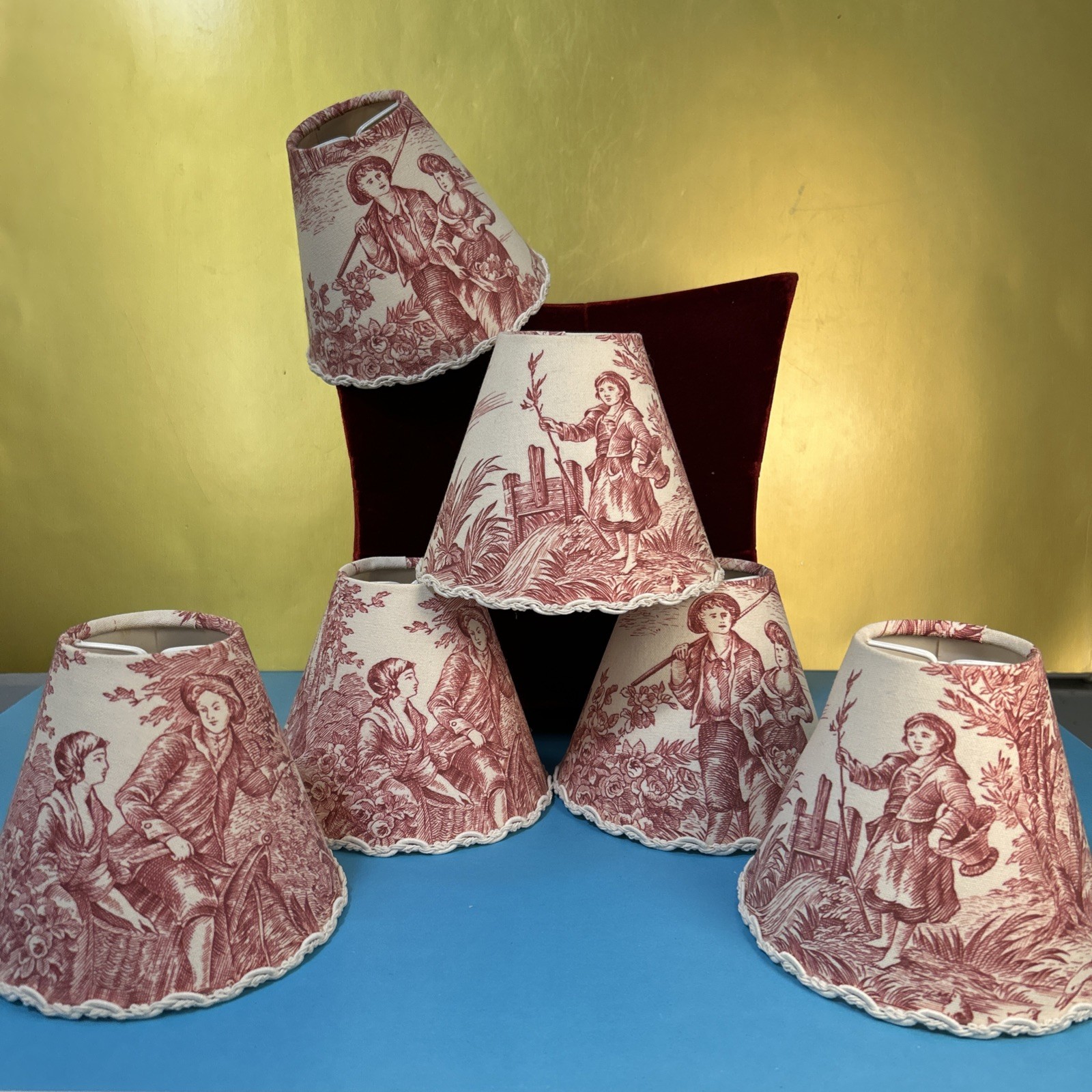 Vtg Small Lamp Shade Clip On French Country Toile De Joey 4,5”chandelier, border
