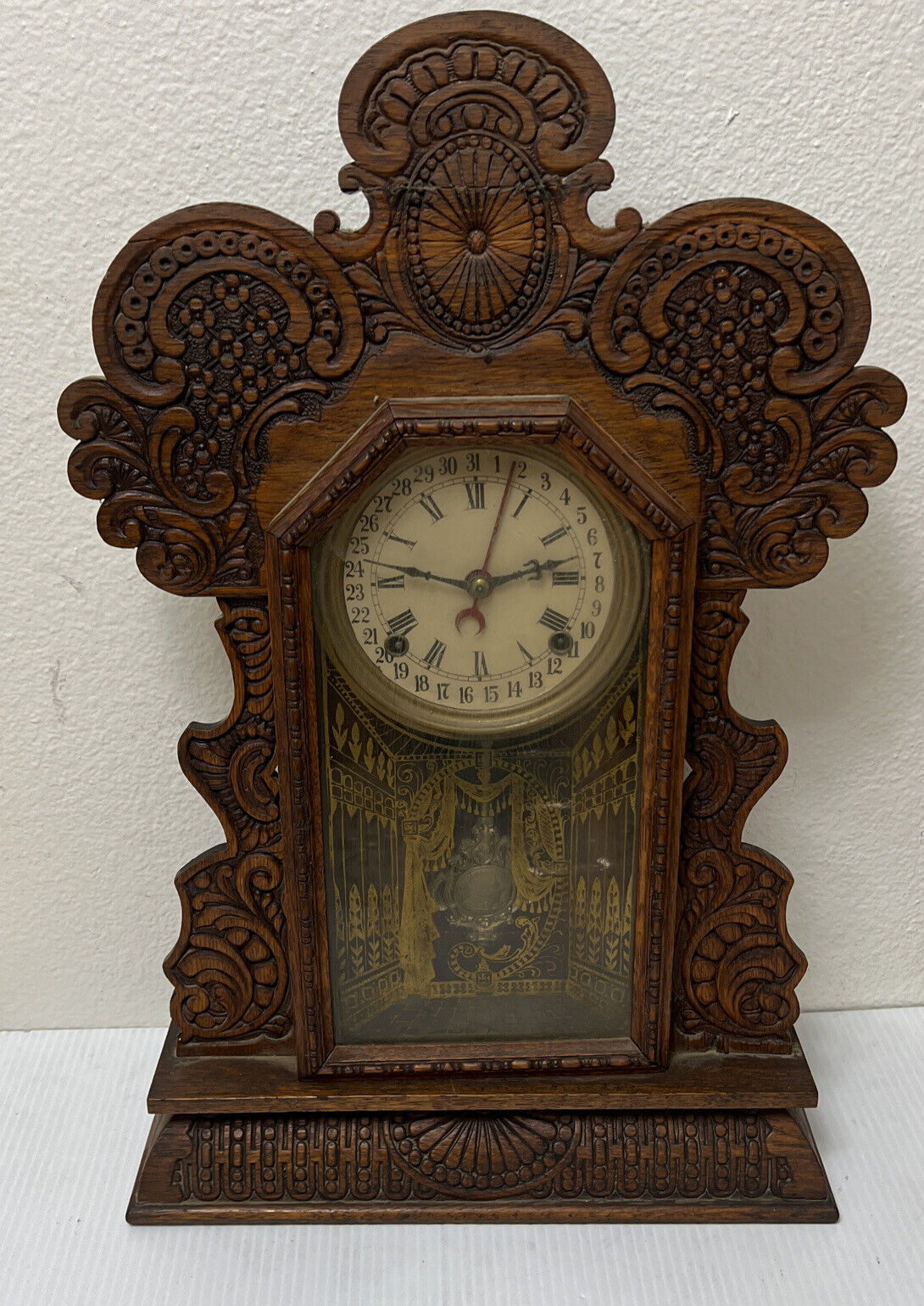 Ingraham Gila Model Parlor Mantle Clock, 8 Day T&S, Calendar, Oak Case, Running