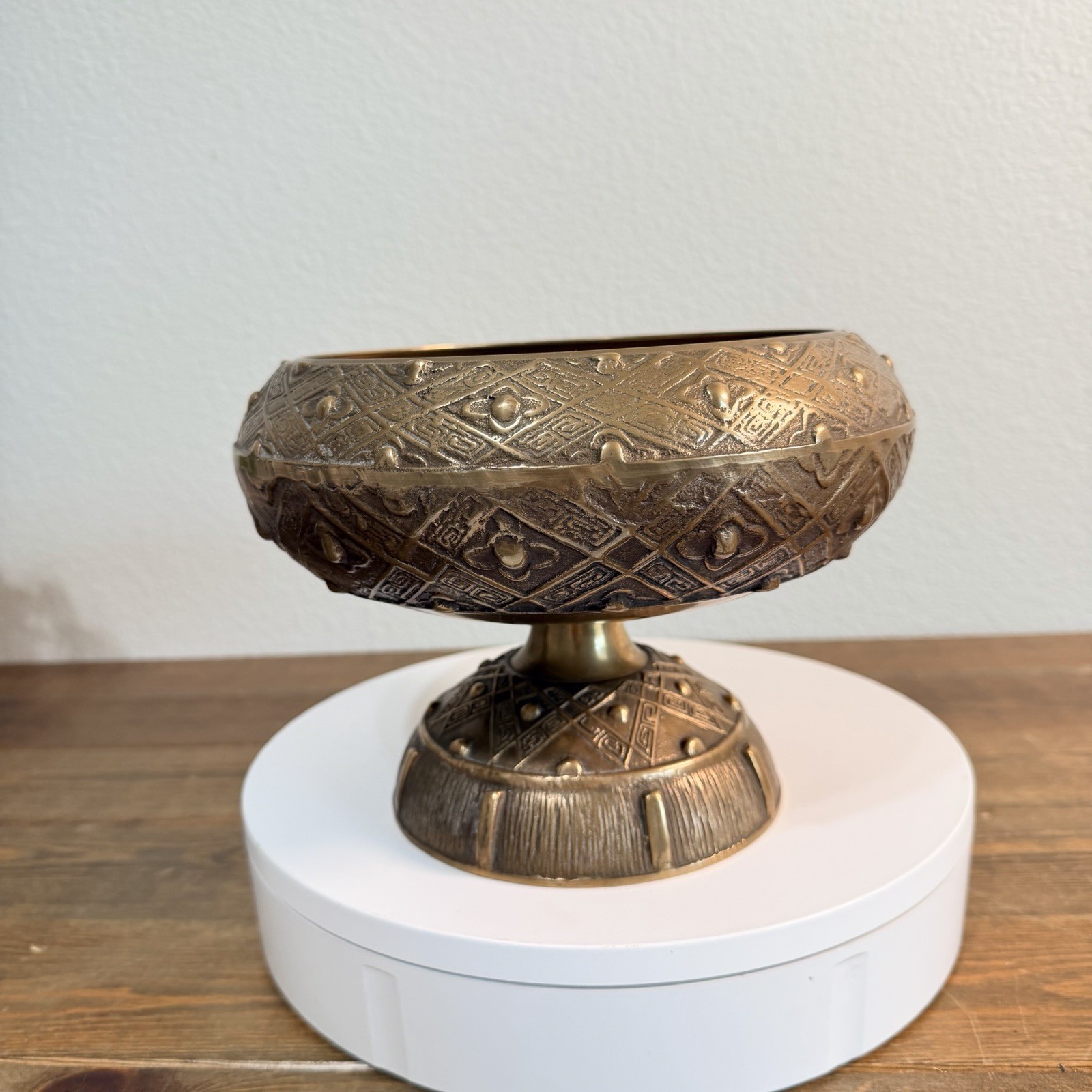 Vintage Large Brass Compote Pedestal Bowl Planter Engraved Pattern