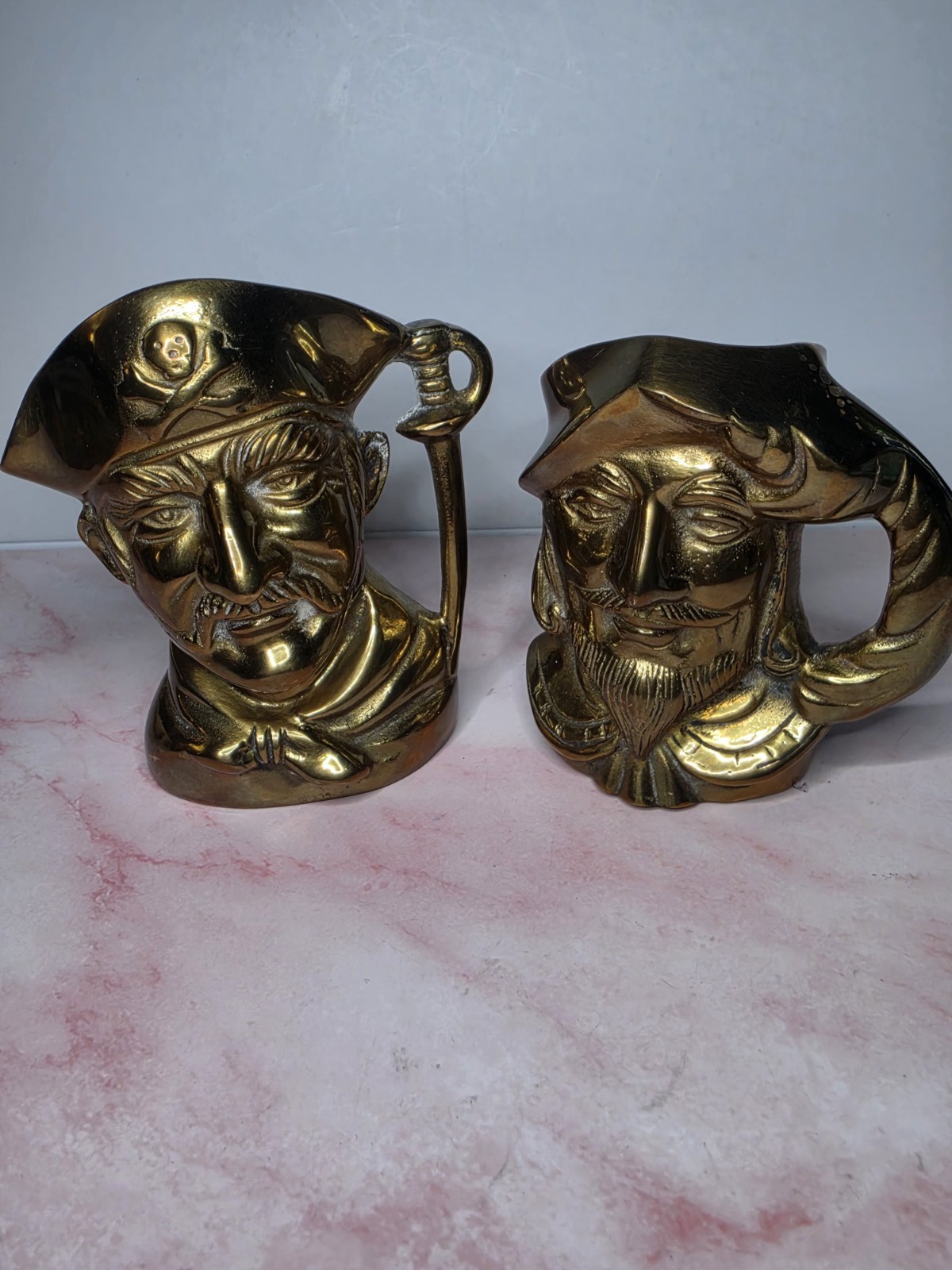 Vintage Solid Brass Miniature Toby Jugs Pirate & Shakespeare Set of 2